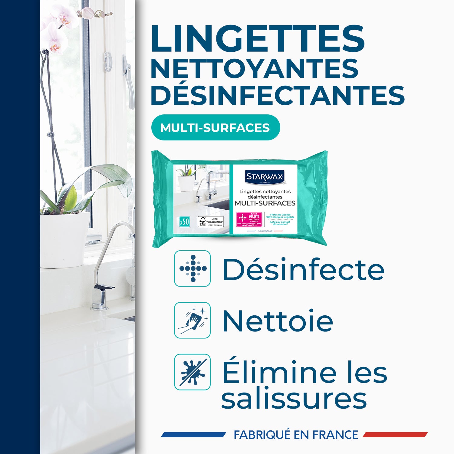 STARWAX - Lingettes nettoyantes désinfectantes multi-surfaces X50