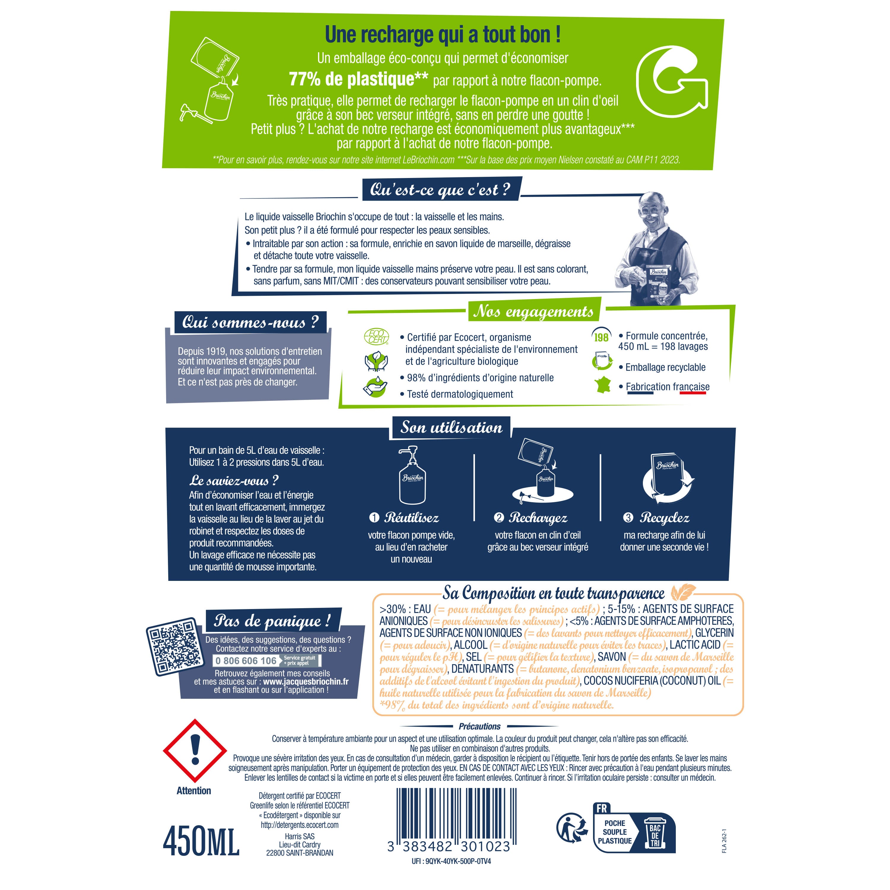 JACQUES BRIOCHIN - Recharge Liquide Vaisselle Mains Savon de Marseille spécial peaux sensibles 450ml Sans parfum