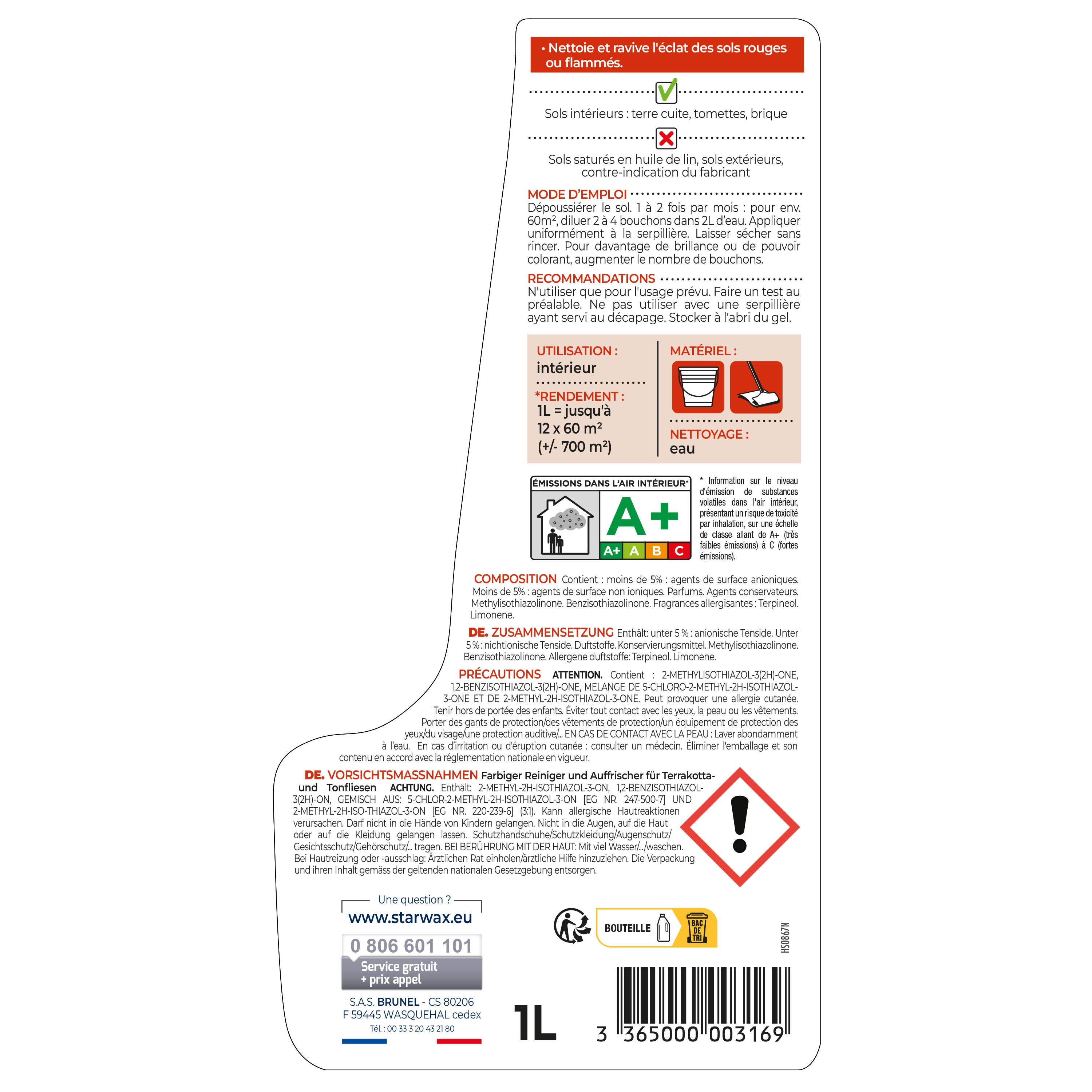 STARWAX - Nettoyant raviveur coloré pour tomettes et terres cuites 1L
