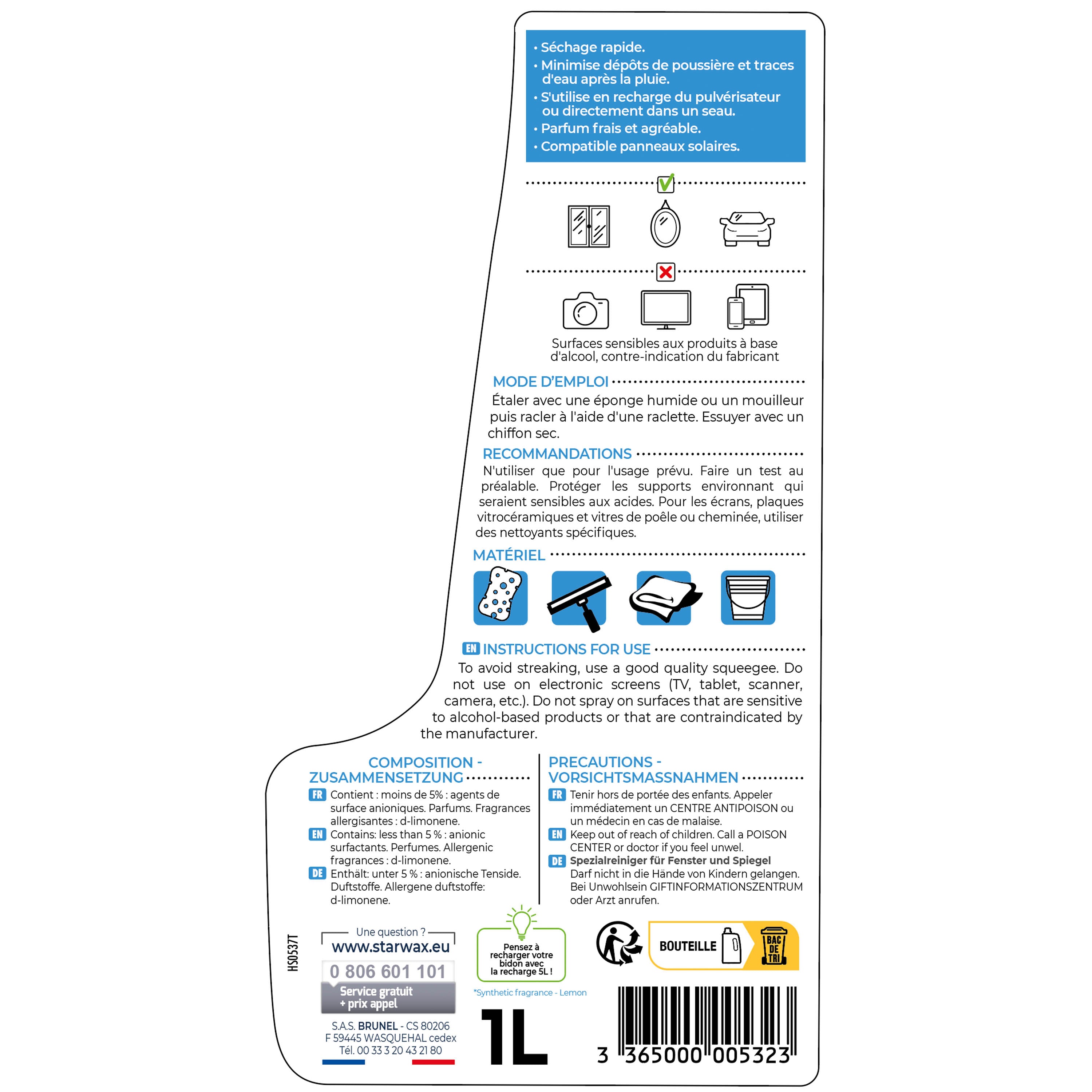 STARWAX - Nettoyant spécial vitres et miroirs
500ml Parfum verveine citron (parfum de synthèse)