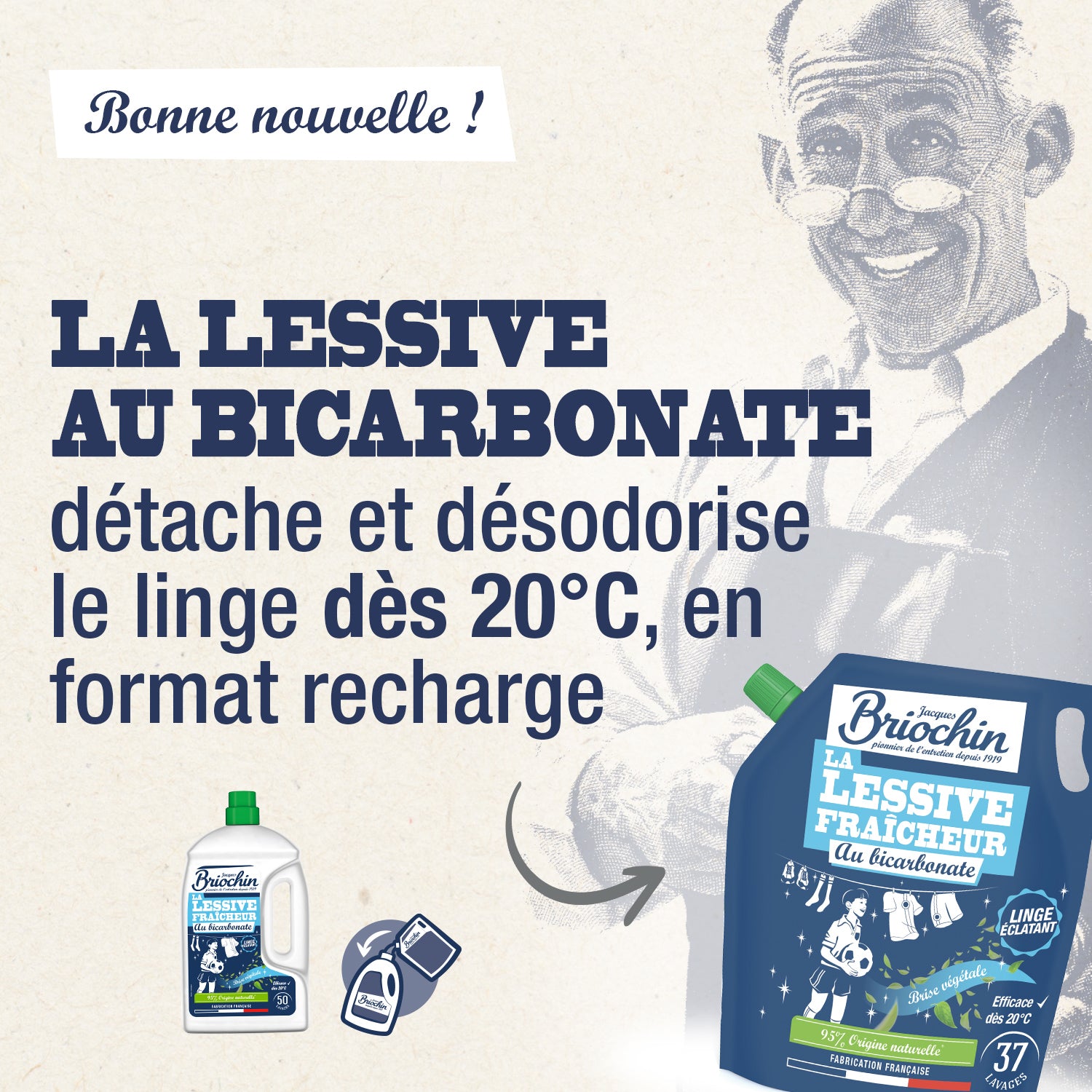 JACQUES BRIOCHIN - Recharge Ma Lessive au bicarbonate de soude - Fraîcheur 1,7L Brise Végétale