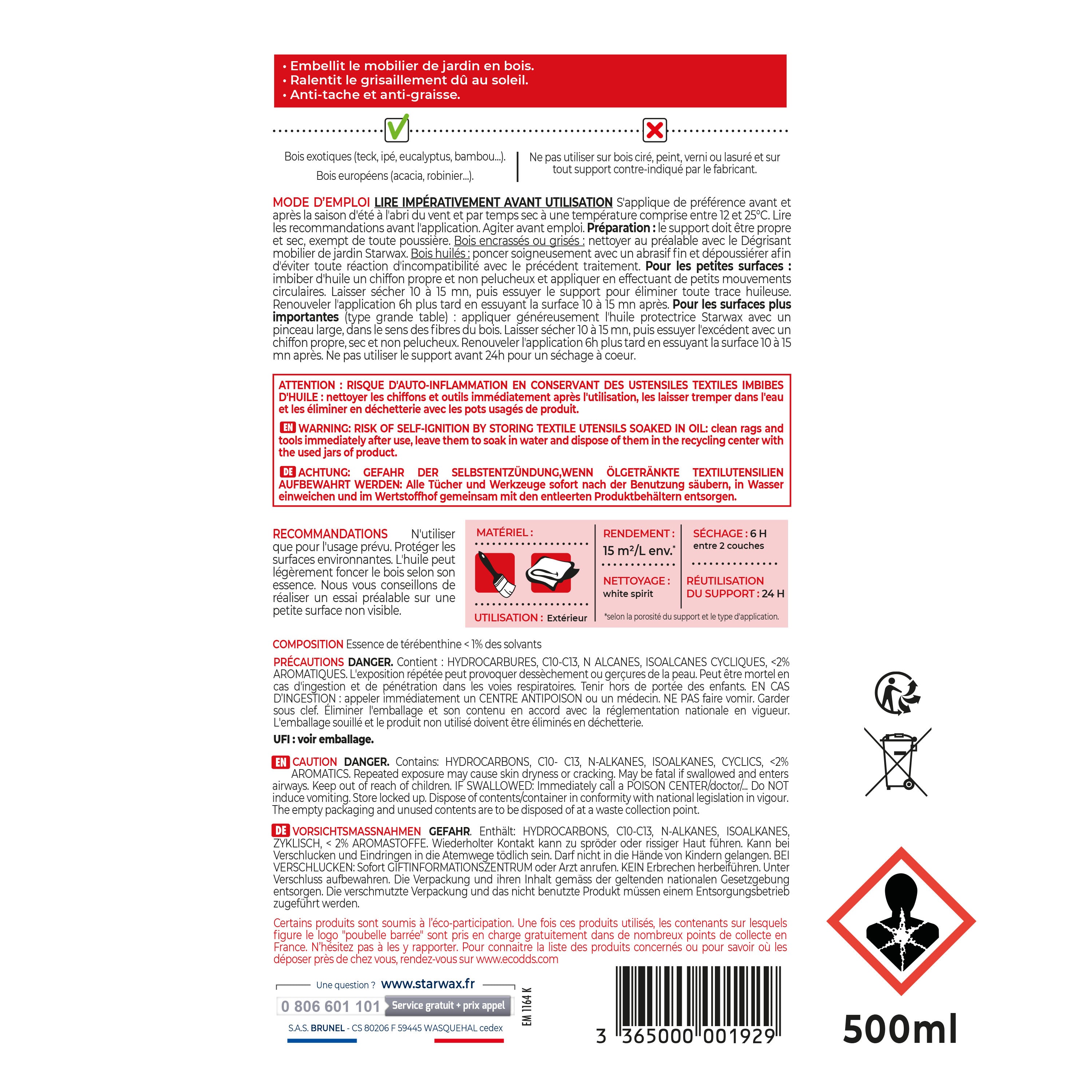 STARWAX - Huile protectrice formule enrichie pour mobilier de jardin en bois 500ml