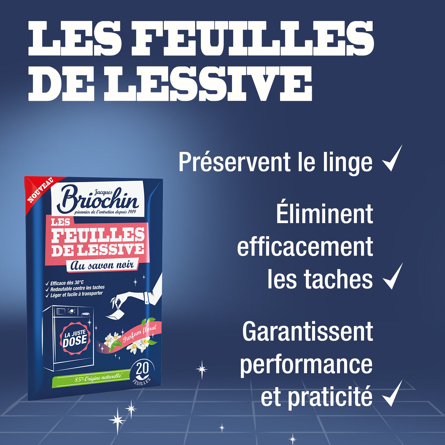 JACQUES BRIOCHIN - Feuilles de lessive au Savon noir parfum Bouquet floral 20 feuilles Parfum Bouquet floral