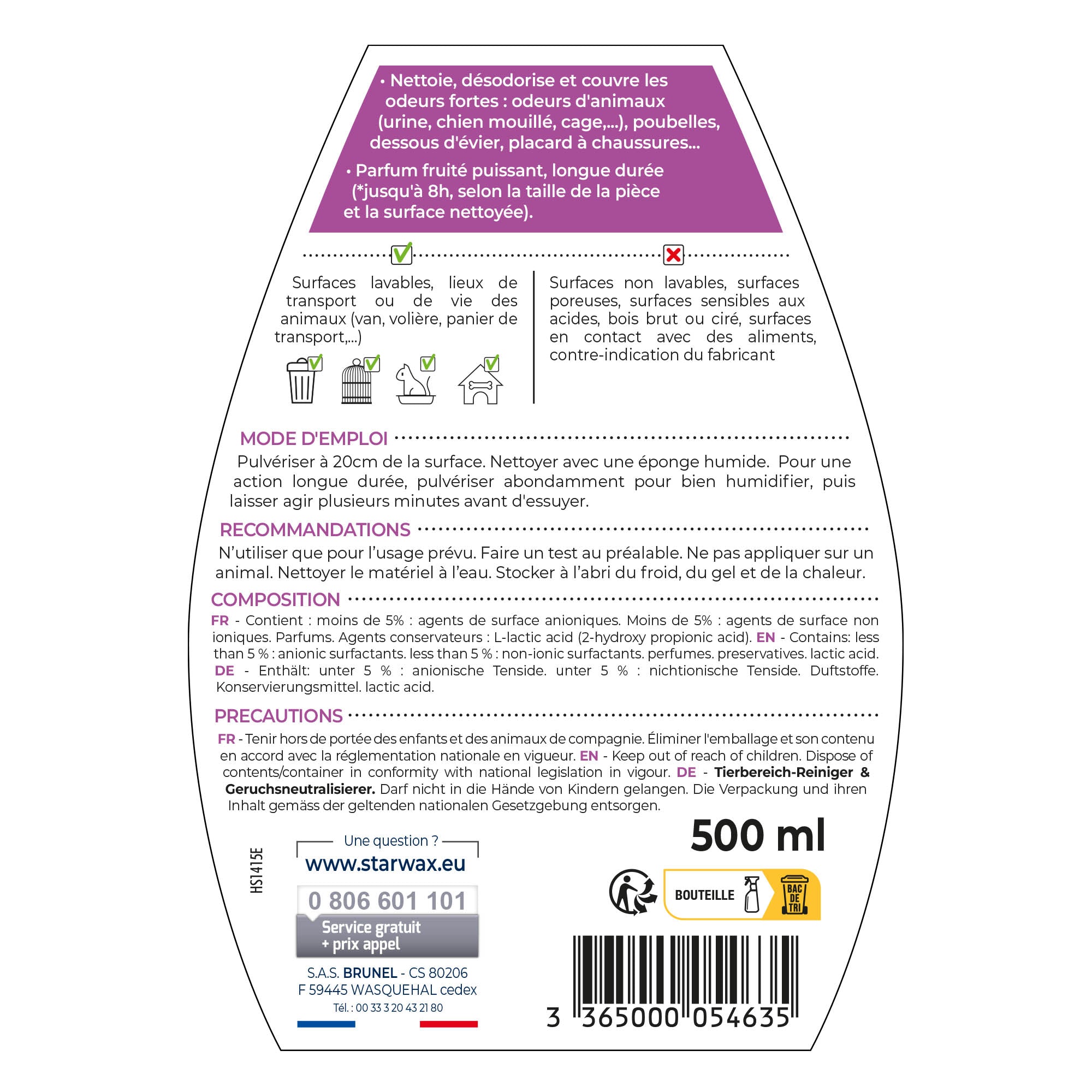 STARWAX - Nettoyant désodorisant surodorant spécial milieu animal 500ml