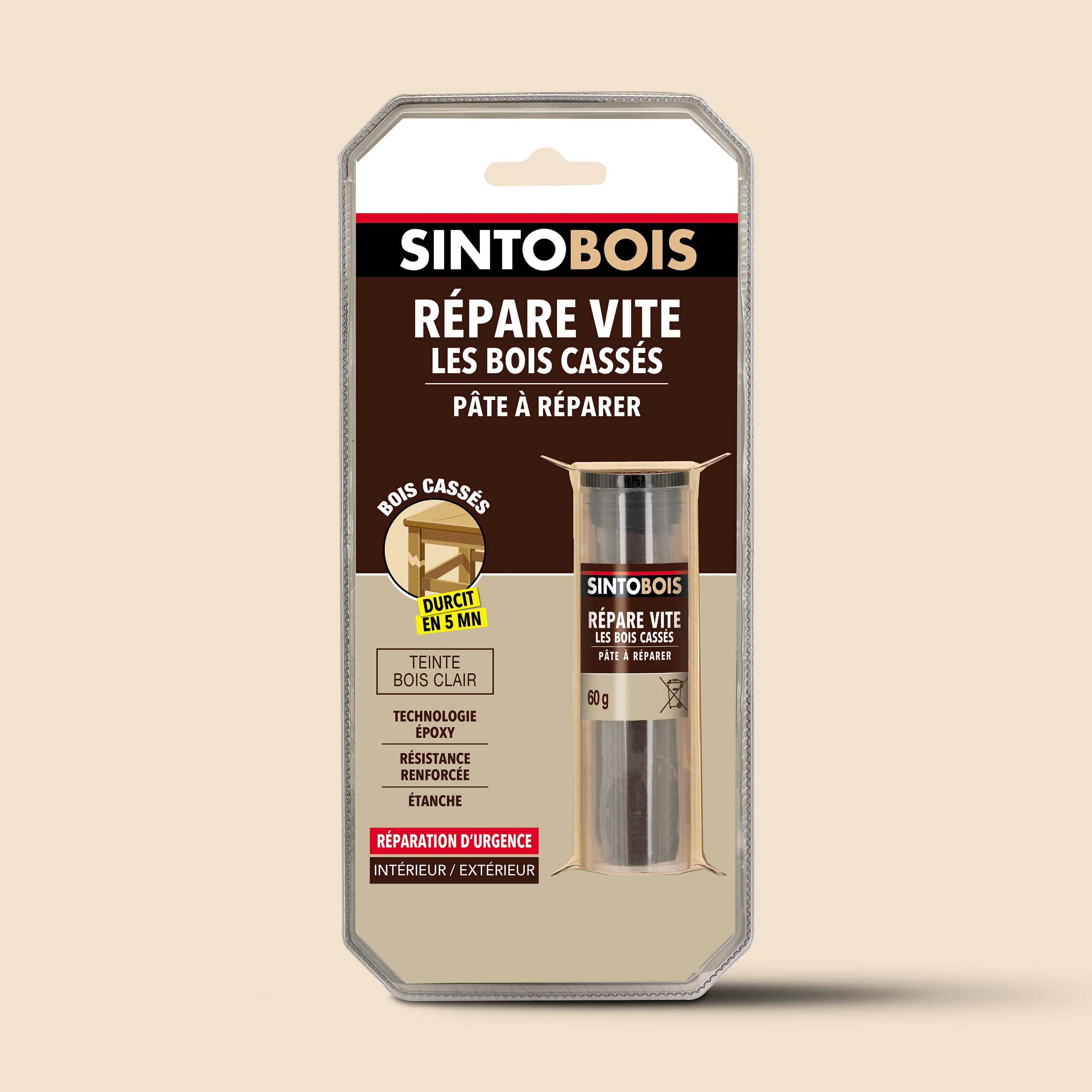 SINTO - Répare vite, pâte à réparer bois epoxy 35g Bois clair