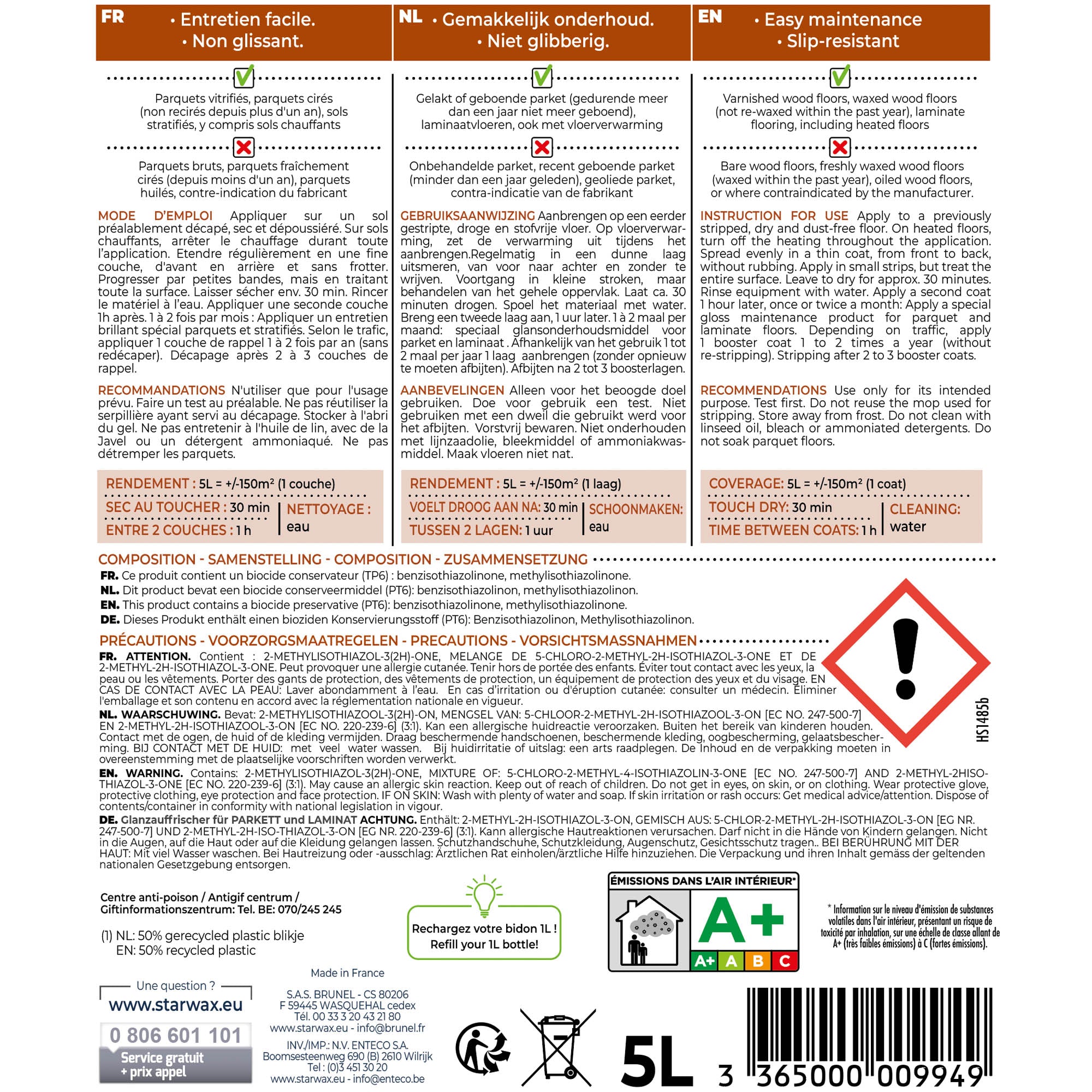 STARWAX - Rénovateur brillant protecteur pour parquets et sols stratifiés
1L