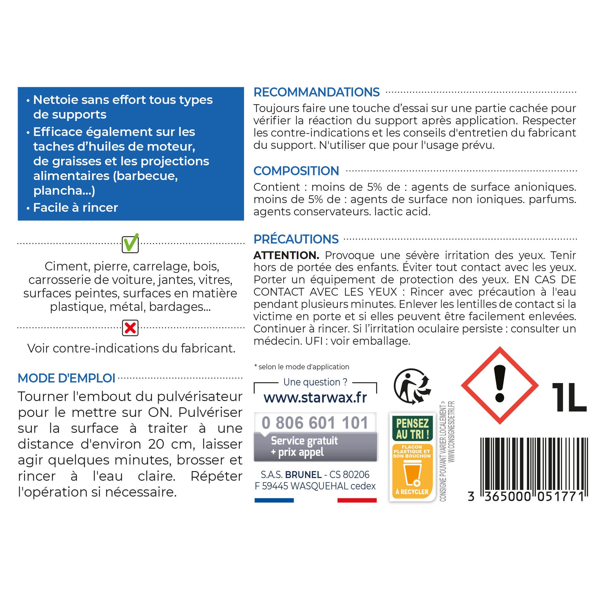 STARWAX - Nettoyant décrassant pour toitures, murs, et sols extérieurs 1L