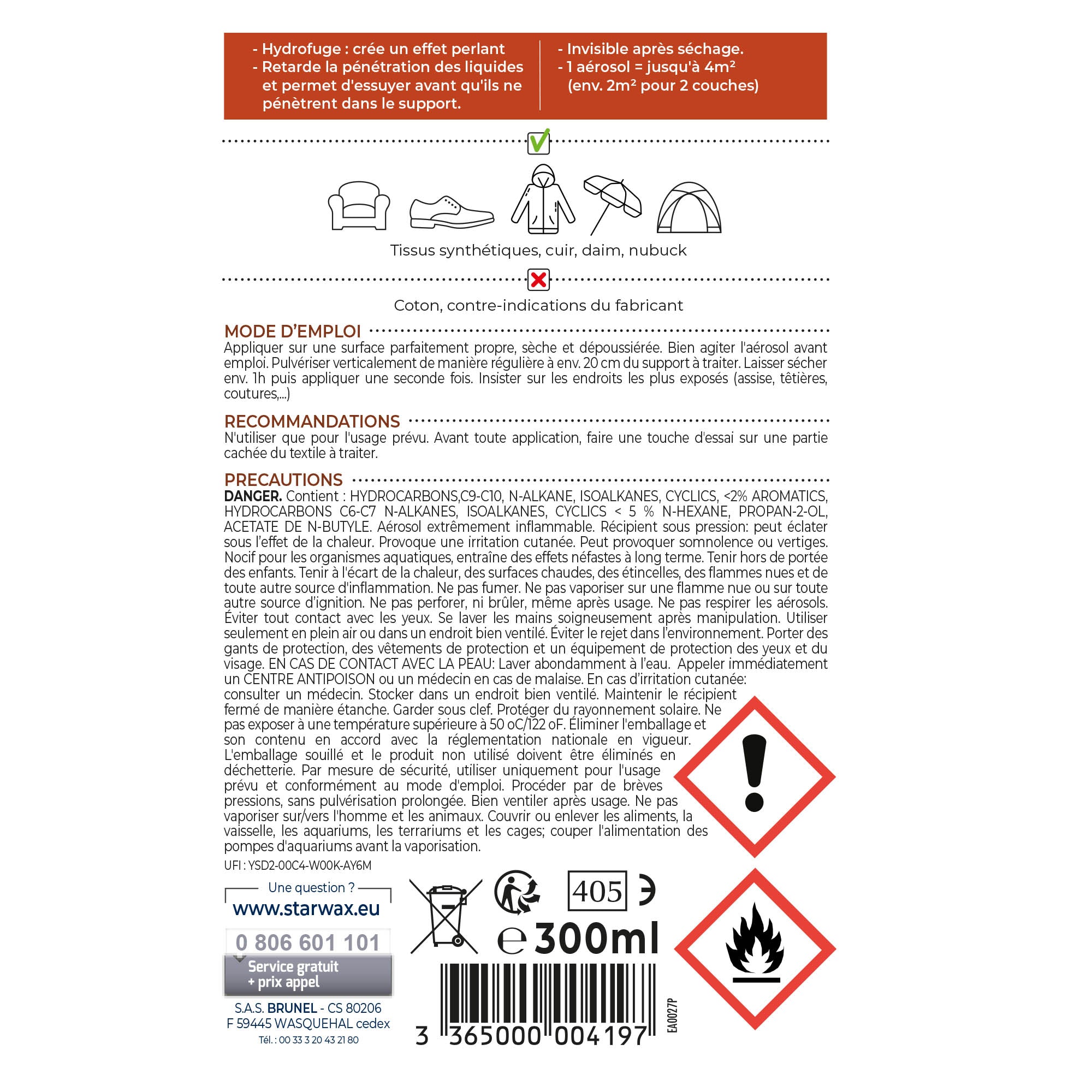 STARWAX - Aérosol Imperméabilisant Textiles et Cuir 300ml