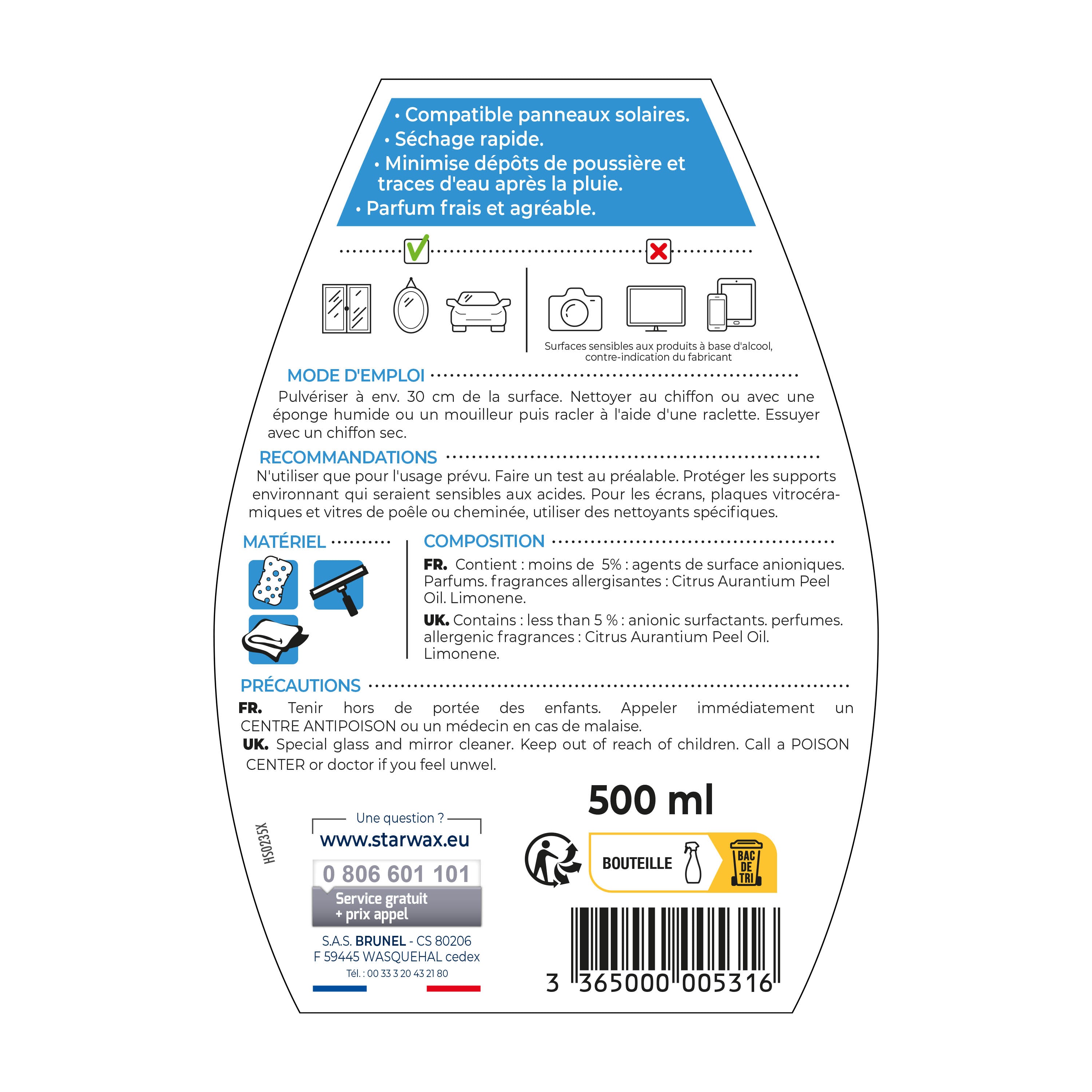STARWAX - Nettoyant spécial vitres et miroirs
500ml Parfum verveine citron (parfum de synthèse)