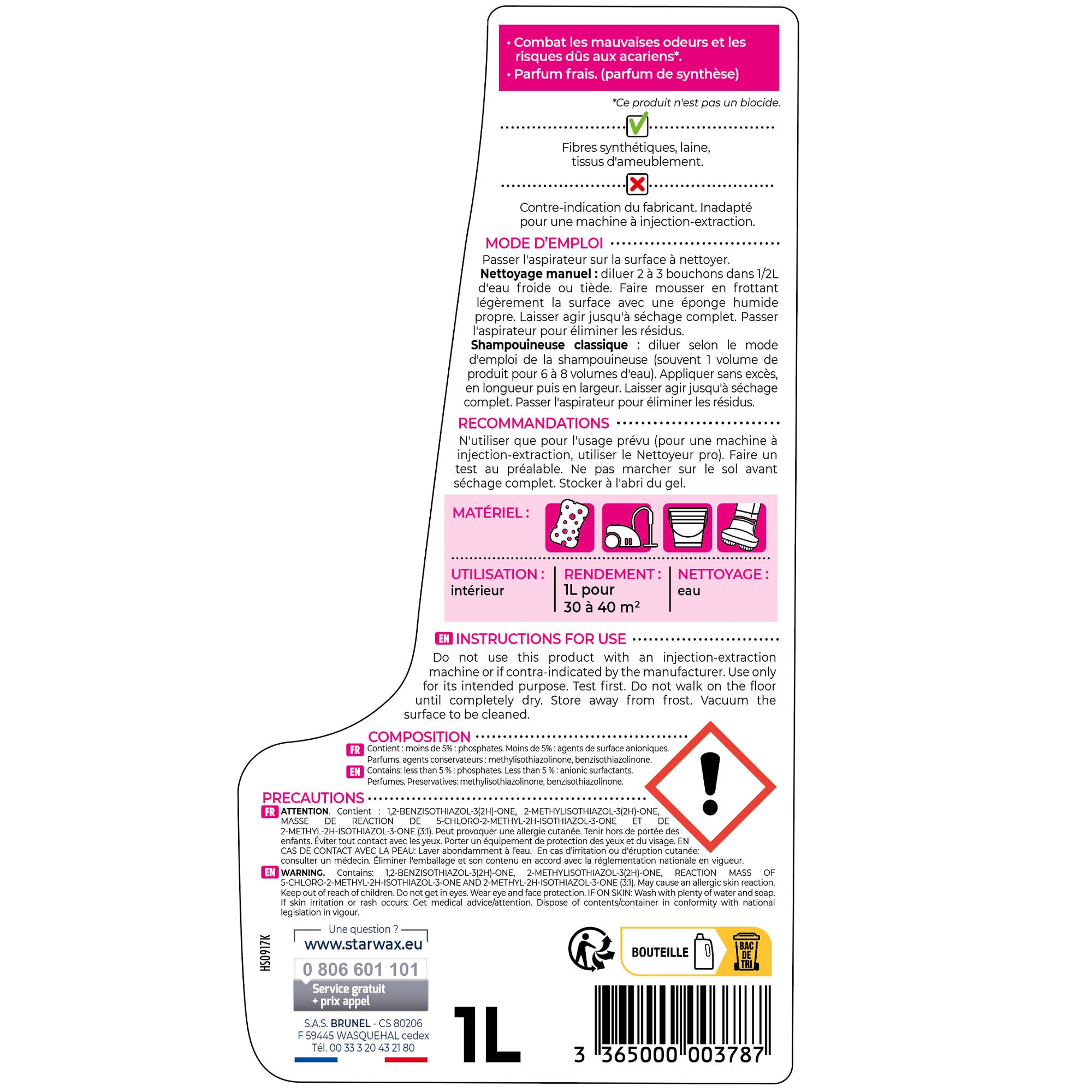 STARWAX - Shampooing raviveur pour tapis et moquettes
1L