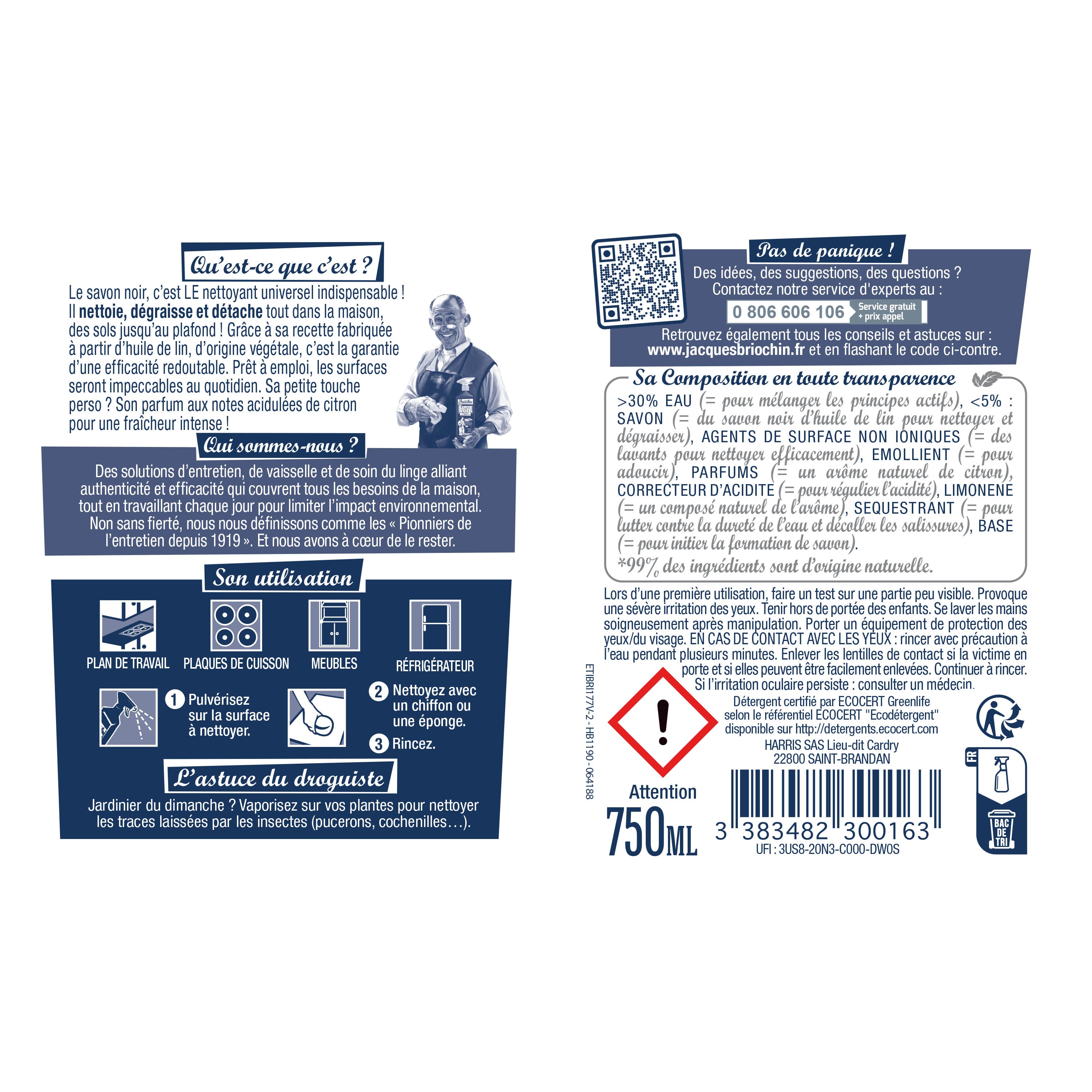JACQUES BRIOCHIN - Savon noir prêt à l'emploi parfum citron frais 750ml Citron