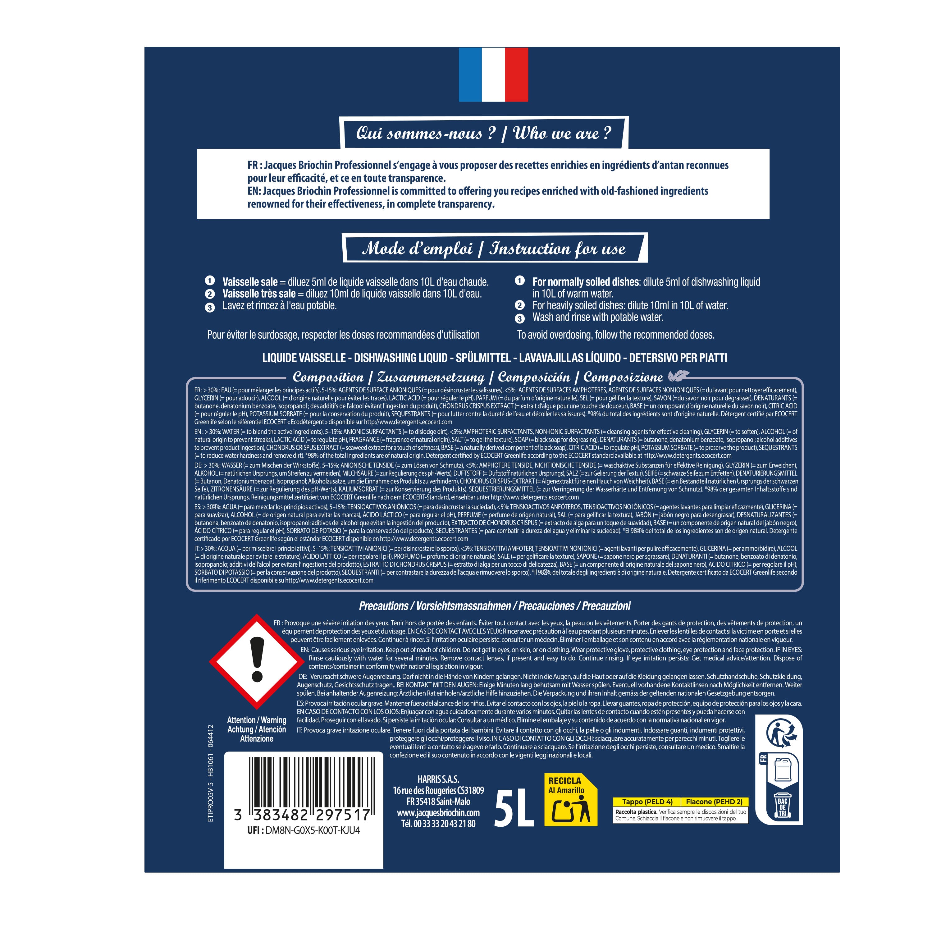 JACQUES BRIOCHIN PRO - Le Liquide vaisselle 5L Parfum algues marines