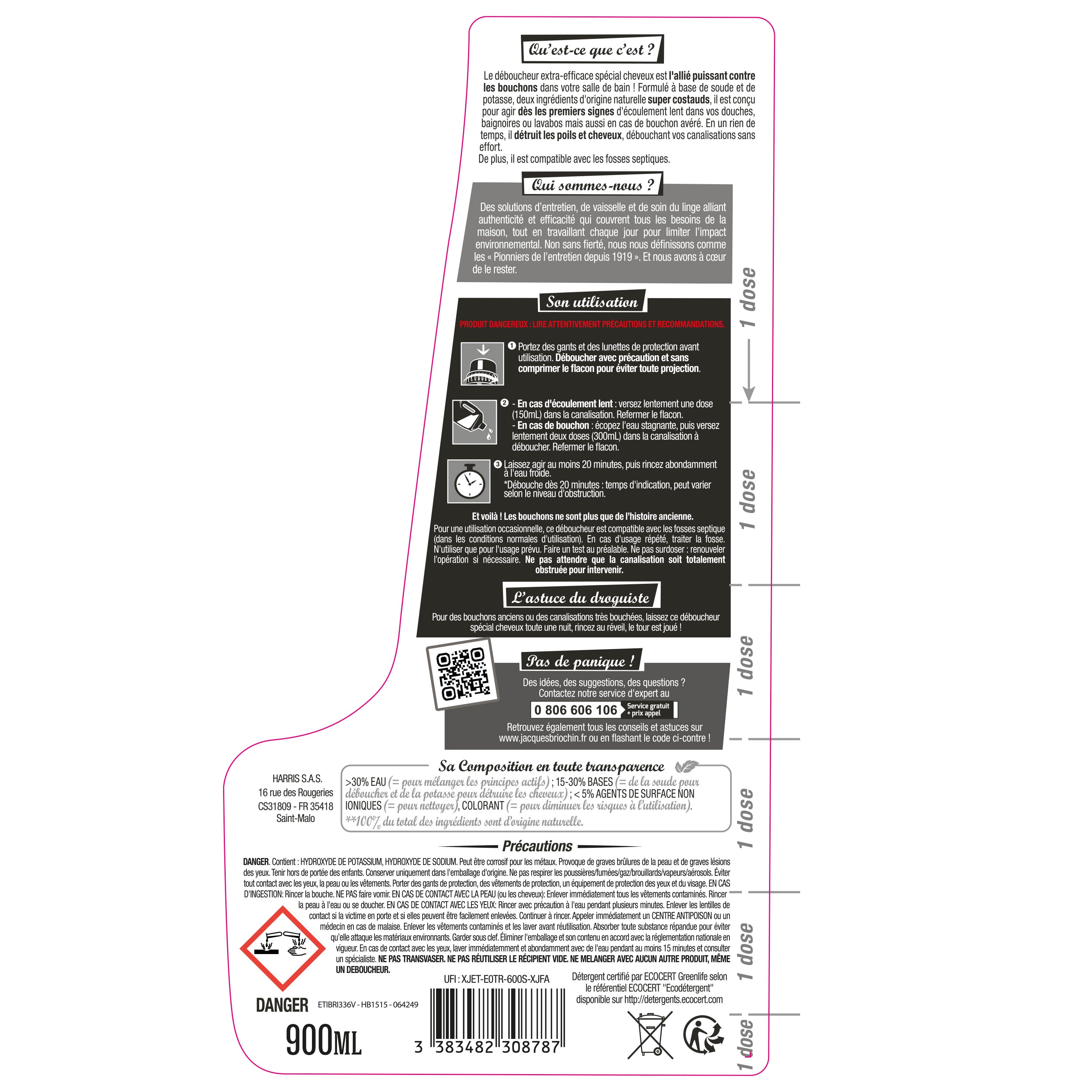 JACQUES BRIOCHIN - Le déboucheur extra efficace cheveux 900ml Sans parfum