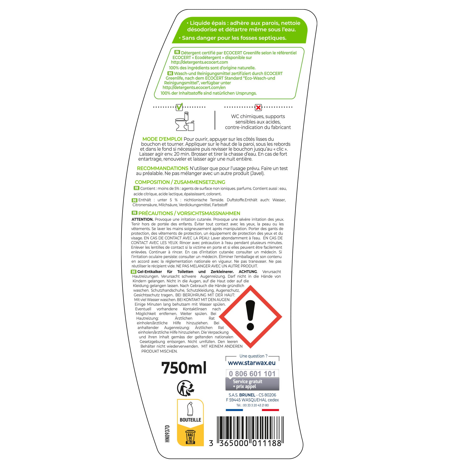 STARWAX SOLUVERT - Détartrant en gel pour WC et broyeurs 750ml