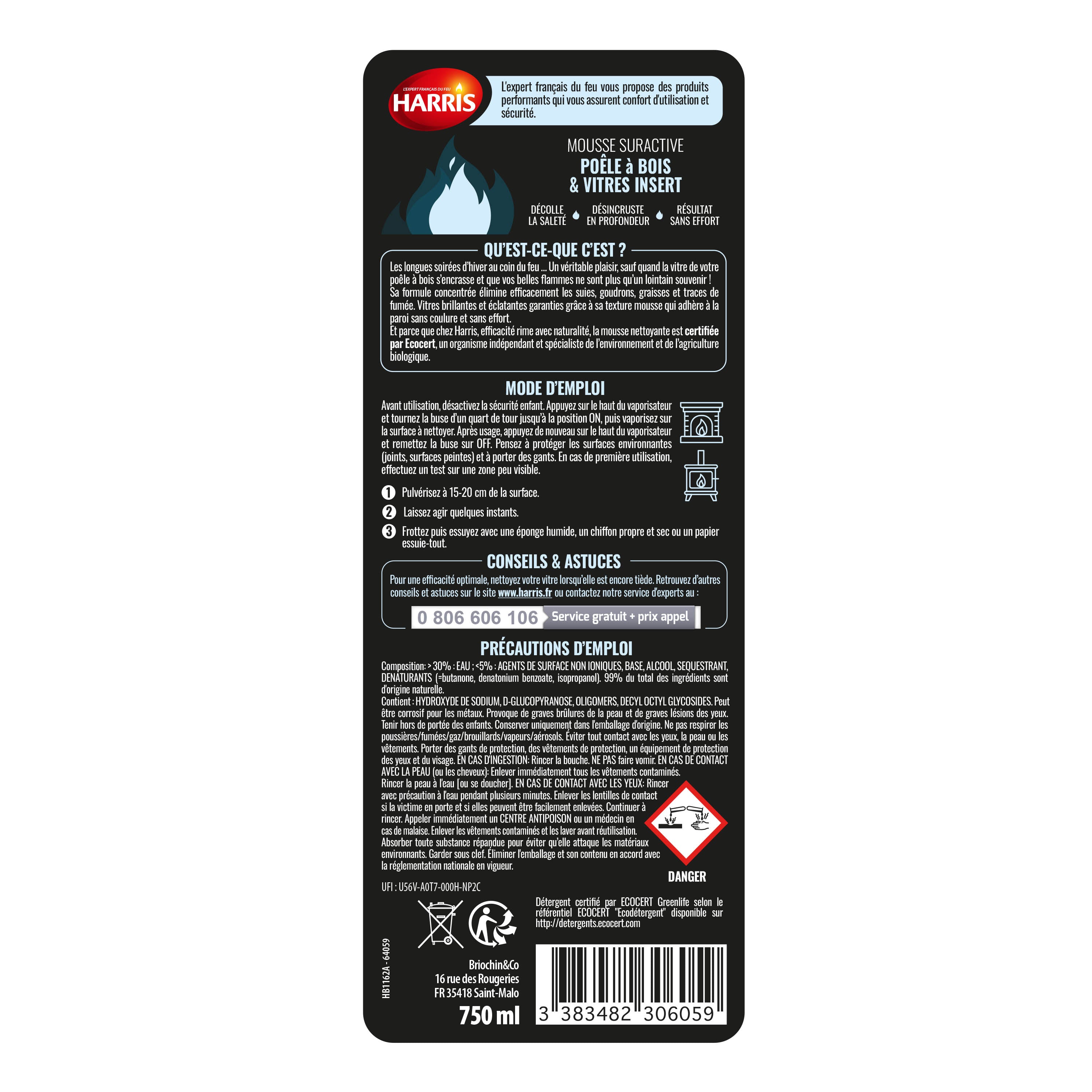 HARRIS - Mousse nettoyante vitre et insert 750ml