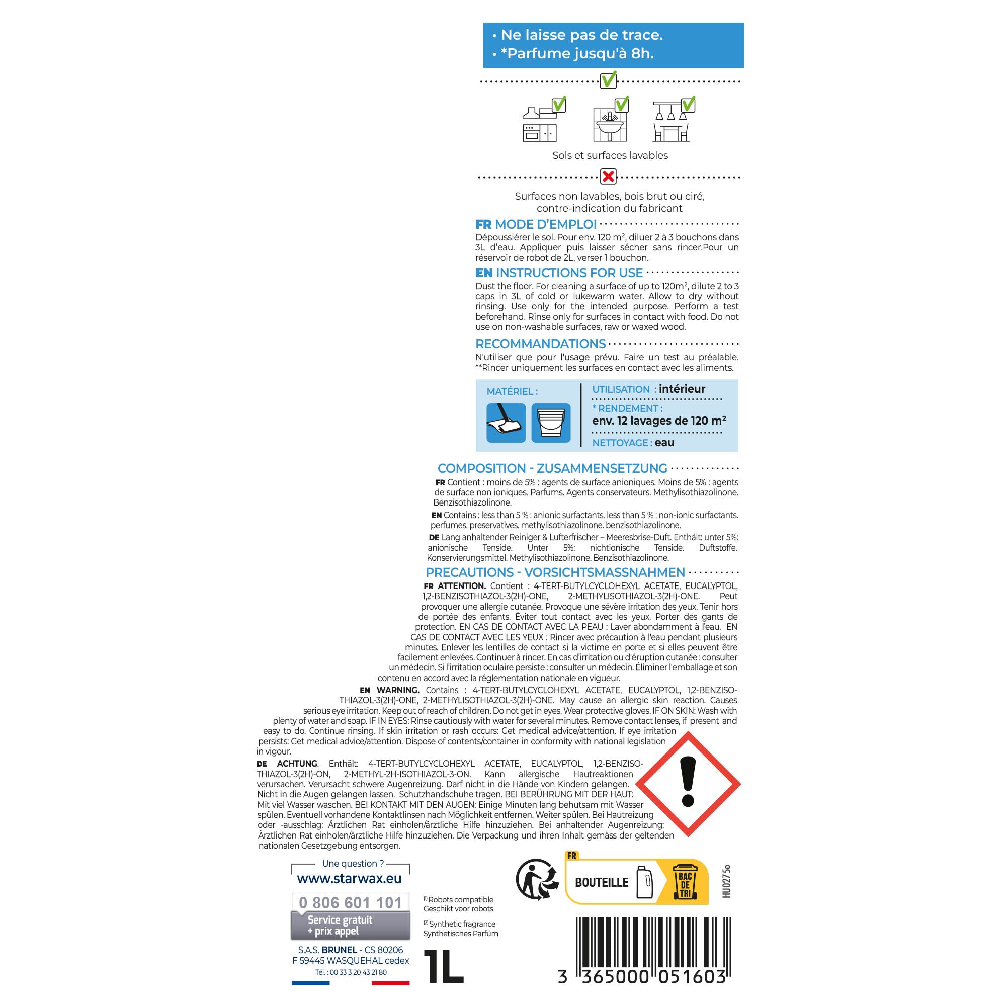 STARWAX - Nettoyant désodorisant longue durée parfum brise marine 1L Parfum brise marine