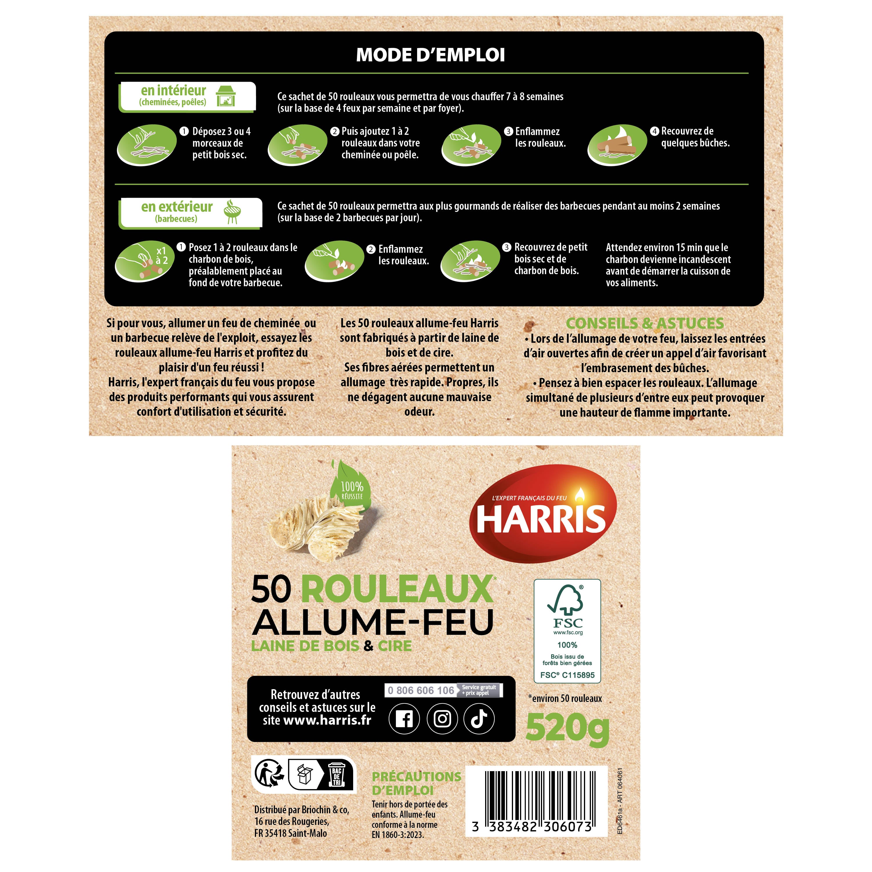 HARRIS - 50 rouleaux allume-feu 100% naturels FSC® x50