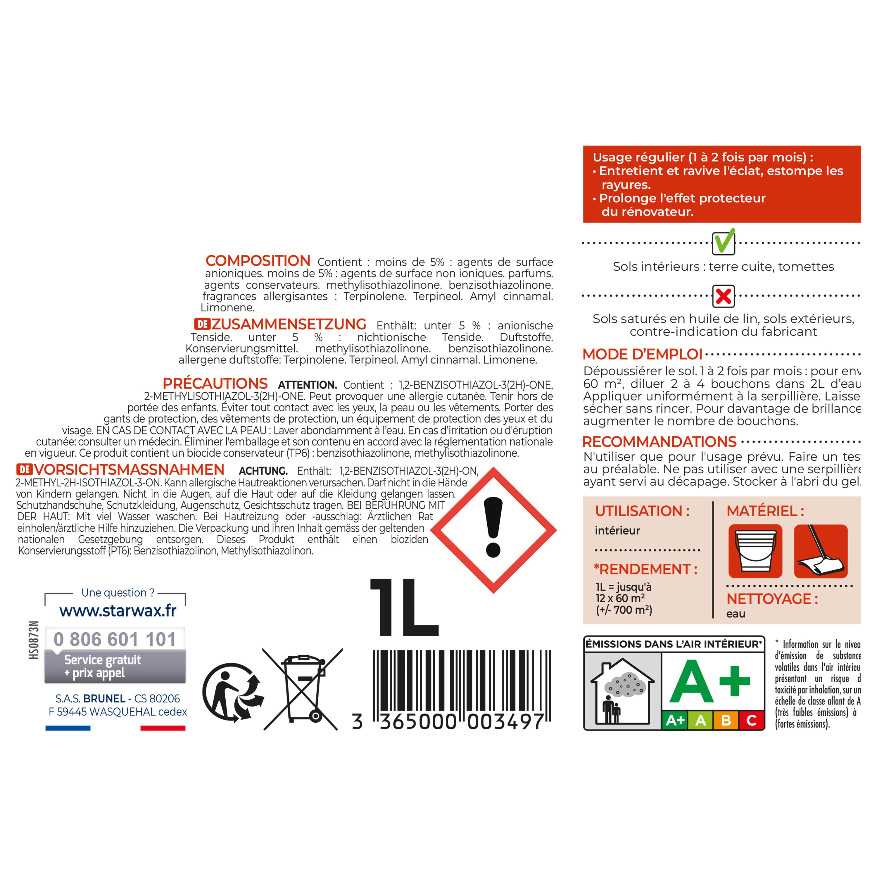 STARWAX - Lait de brillance pour tomettes et terres cuites
1L