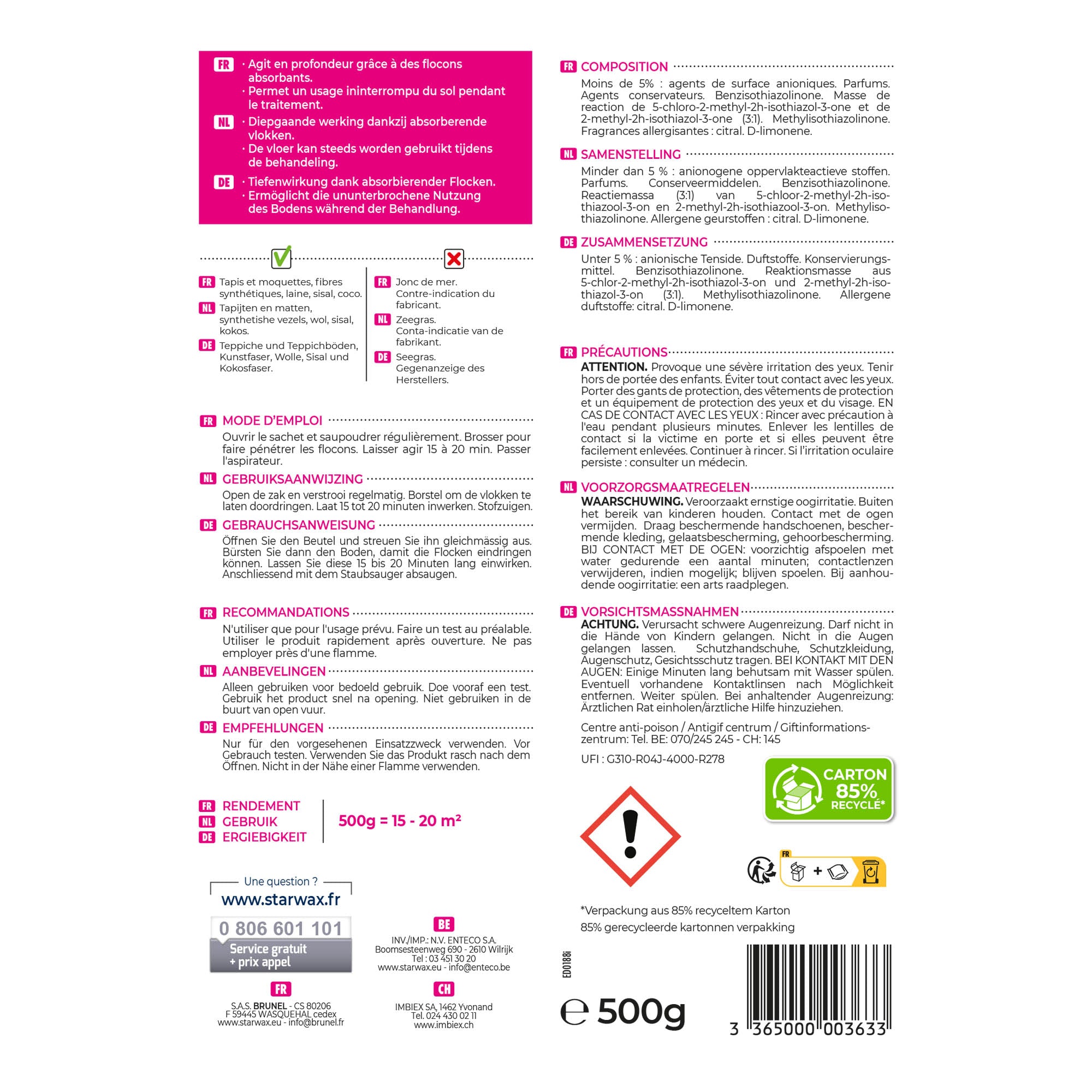 STARWAX - Nettoyant à sec pour tapis et moquettes
500g