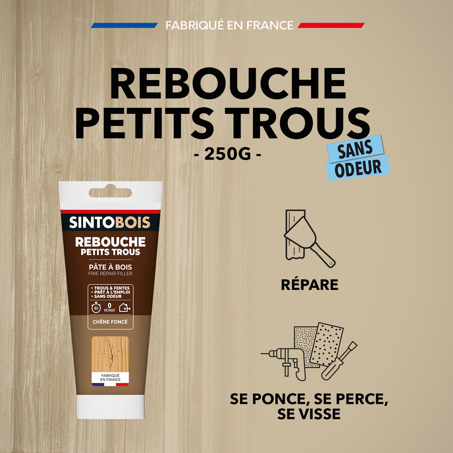 SINTO - Rebouche imperfections - Pâte à bois naturel 80g Blanc