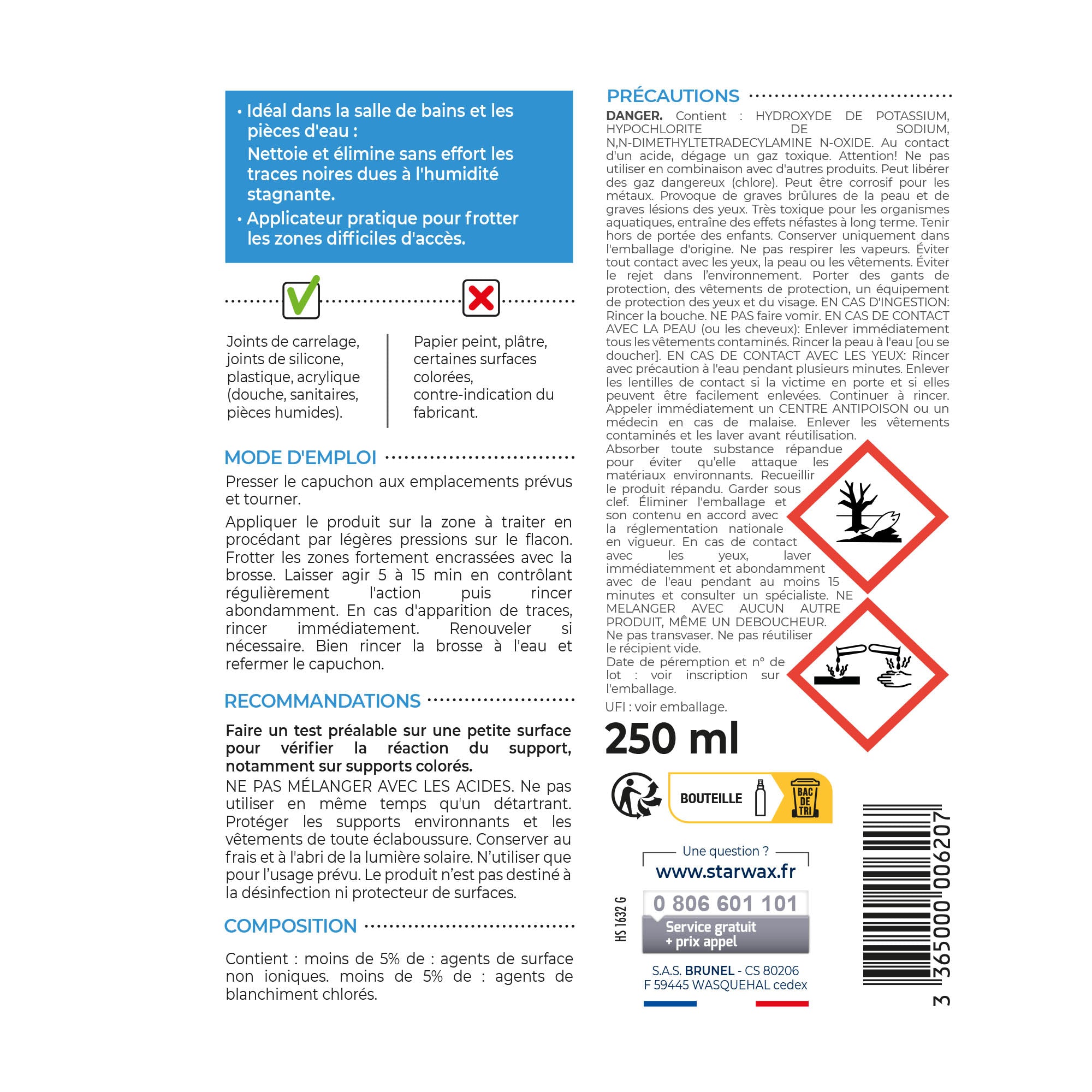 STARWAX - Rénovateur joints - action blanchissante avec Javel - Gel avec brosse intégrée
250ml