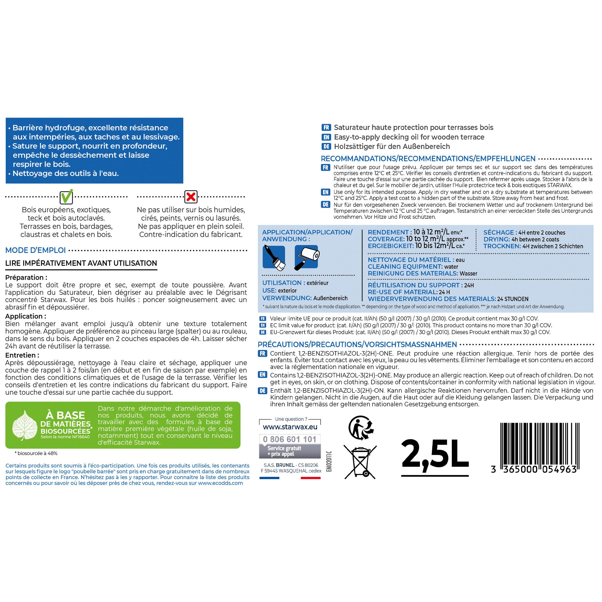 STARWAX - Saturateur Haute protection pour terrasses bois
1L Teck