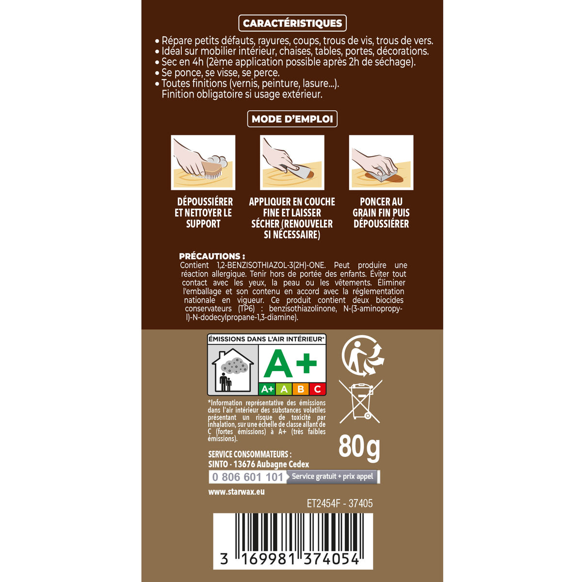 SINTO - Rebouche imperfections - Pâte à bois naturel 80g Blanc