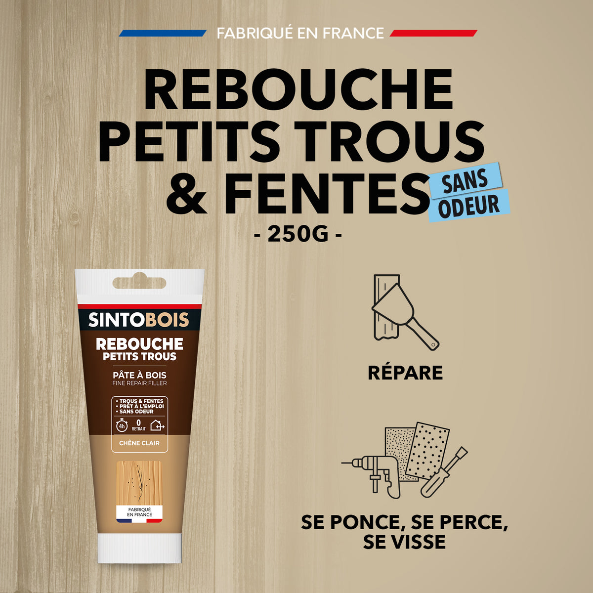 SINTO - Rebouche imperfections - Pâte à bois naturel 80g Blanc