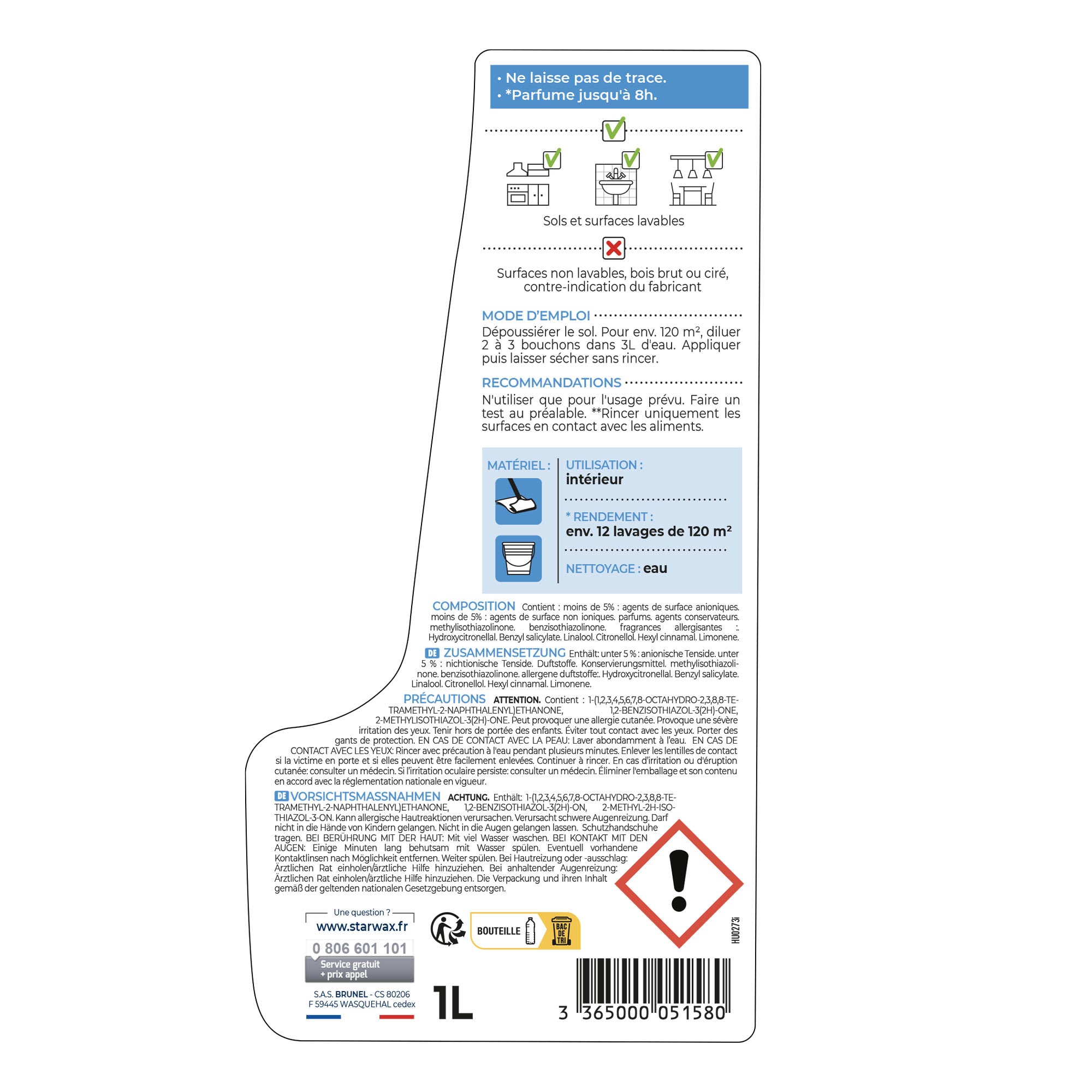 STARWAX - Nettoyant désodorisant longue durée parfum fleur des bois 1L Parfum fruit des bois (parfum de synthèse)