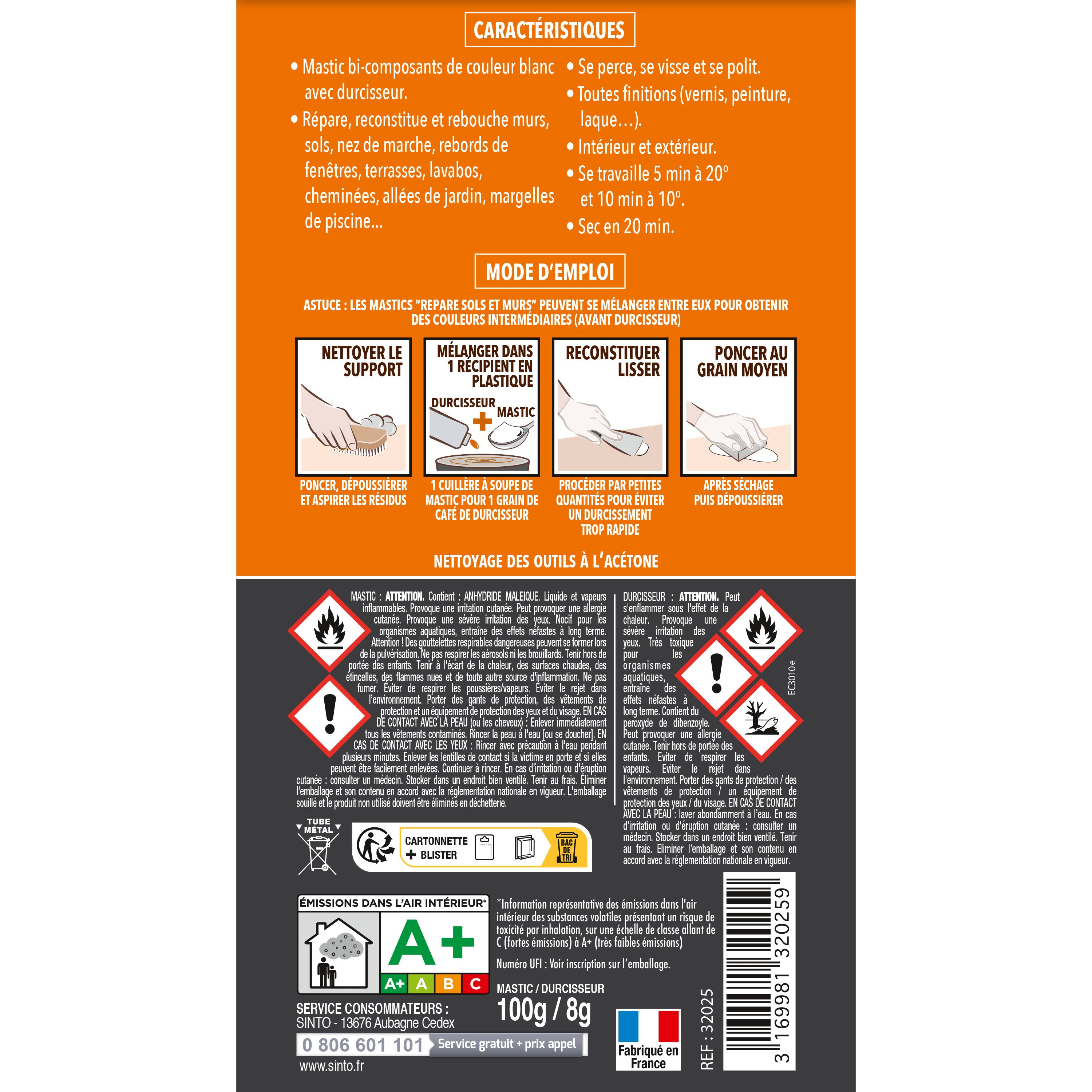 SINTO - Répare sols et murs blanc (marbre, faïence, carrelage, plâtre) 280g Blanc