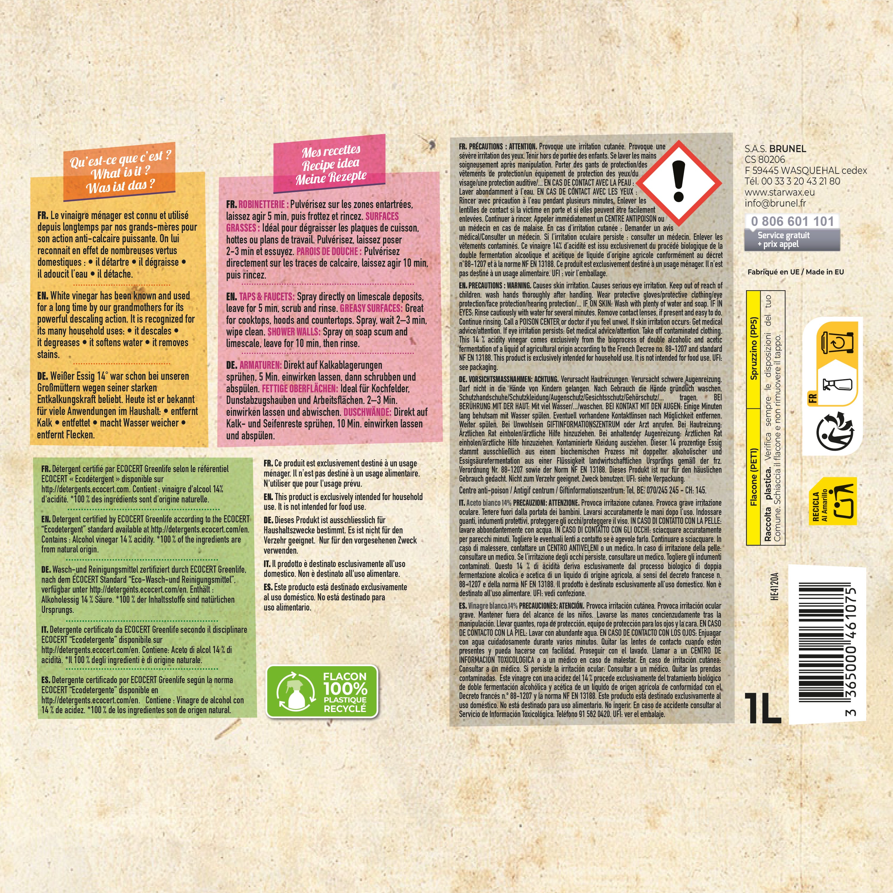 STARWAX FABULOUS - Vinaigre blanc 14° 1L