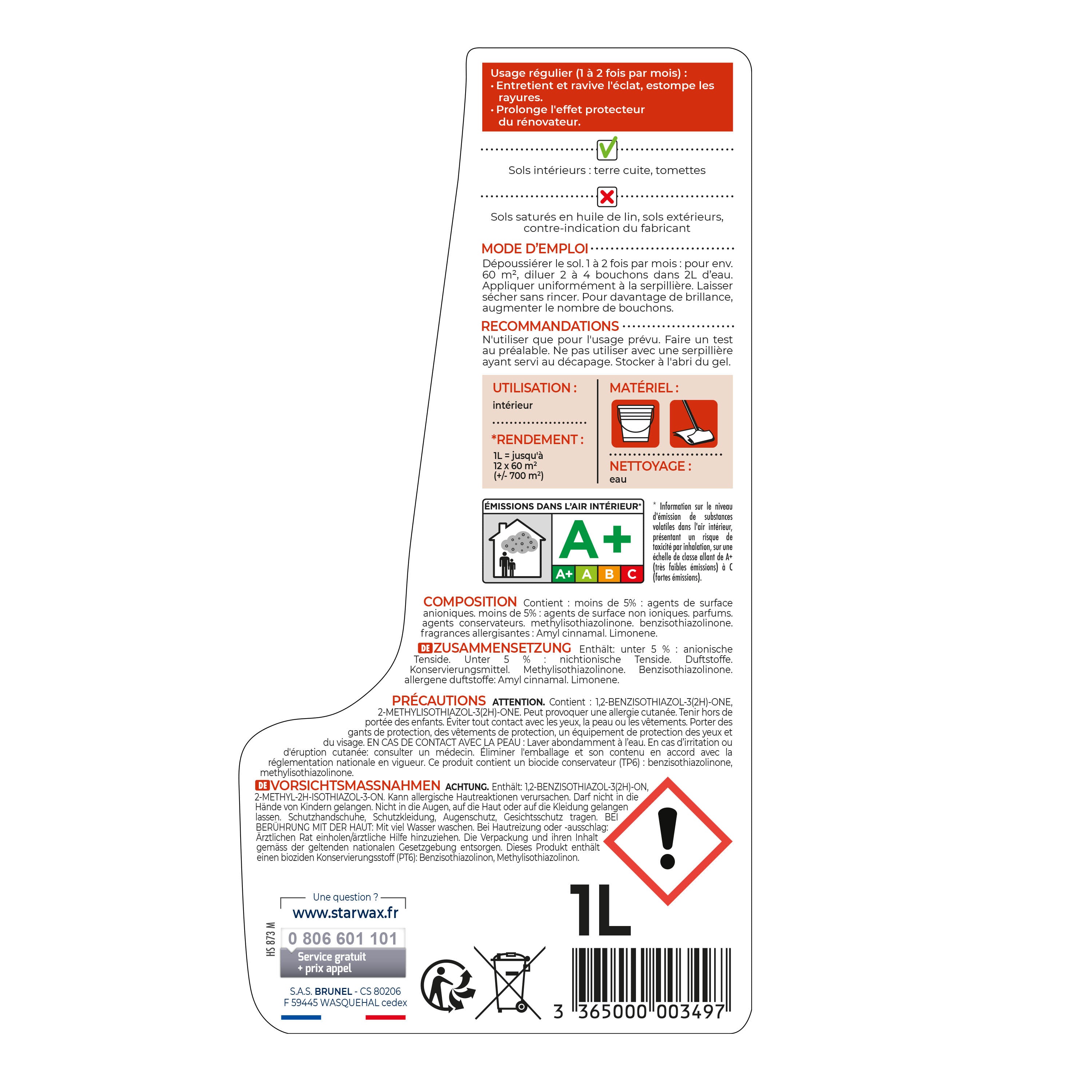 STARWAX - Lait de brillance pour tomettes et terres cuites
1L