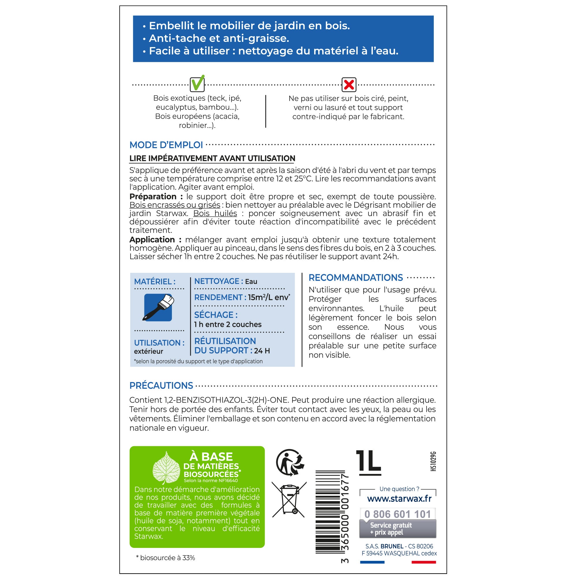 STARWAX - Huile protectrice pour mobilier de jardin 1L Incolore