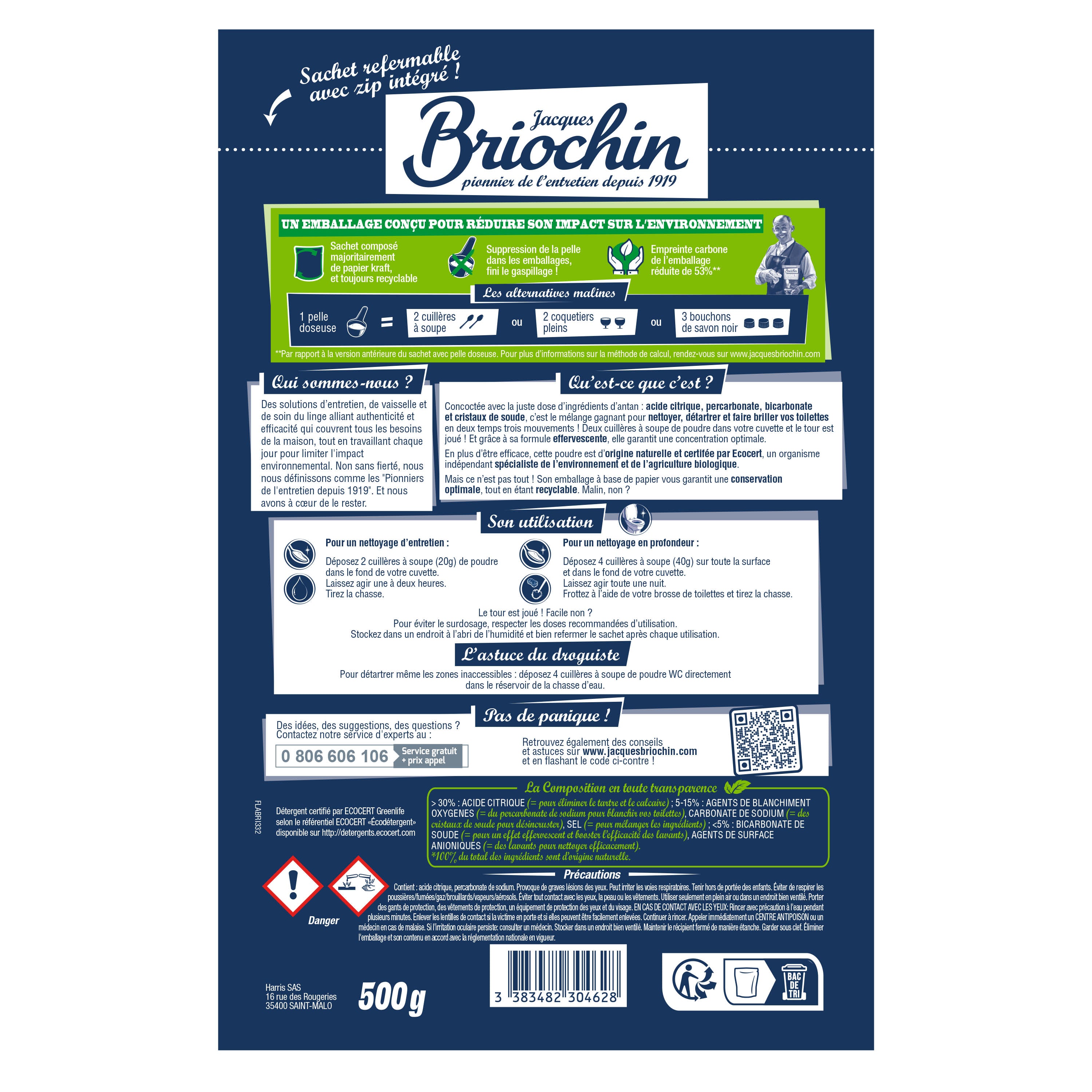 JACQUES BRIOCHIN - La poudre WC super détartrante 500g Sans parfum