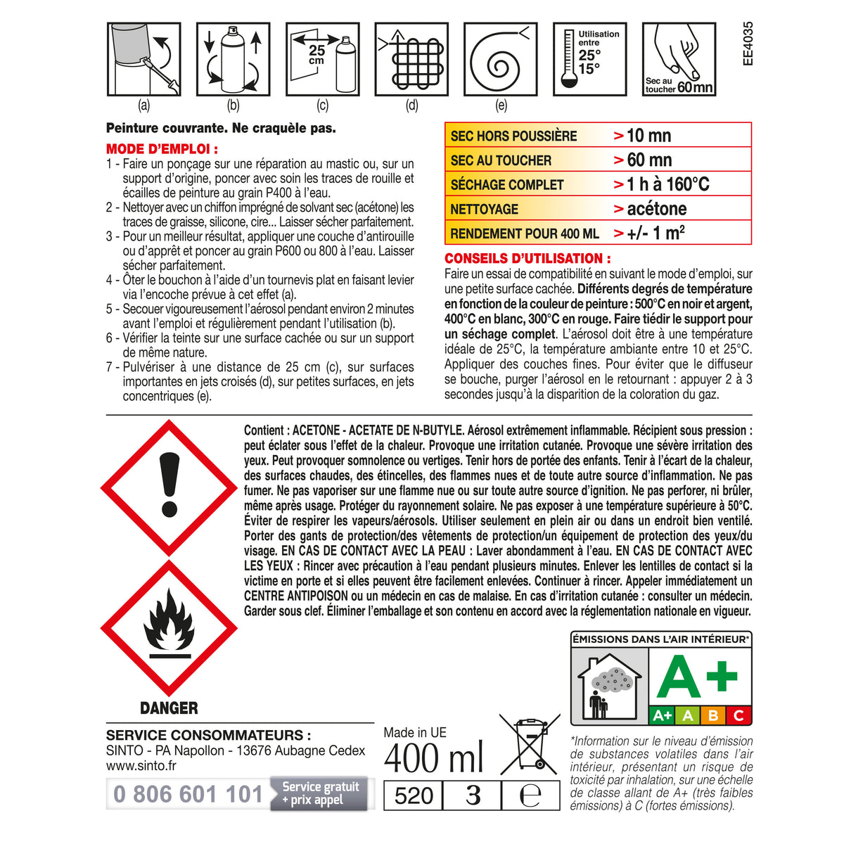 SINTO - Aérosol haute température 400ml Noir