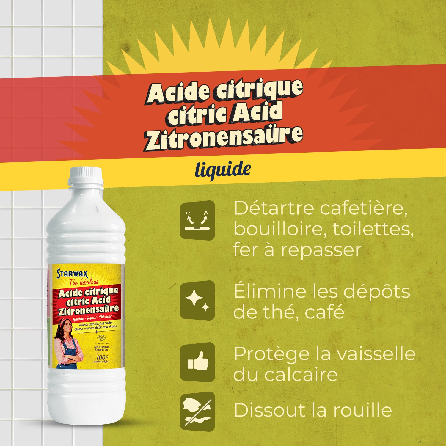 STARWAX FABULOUS - Acide citrique liquide – Détartrant naturel sans odeur 1L