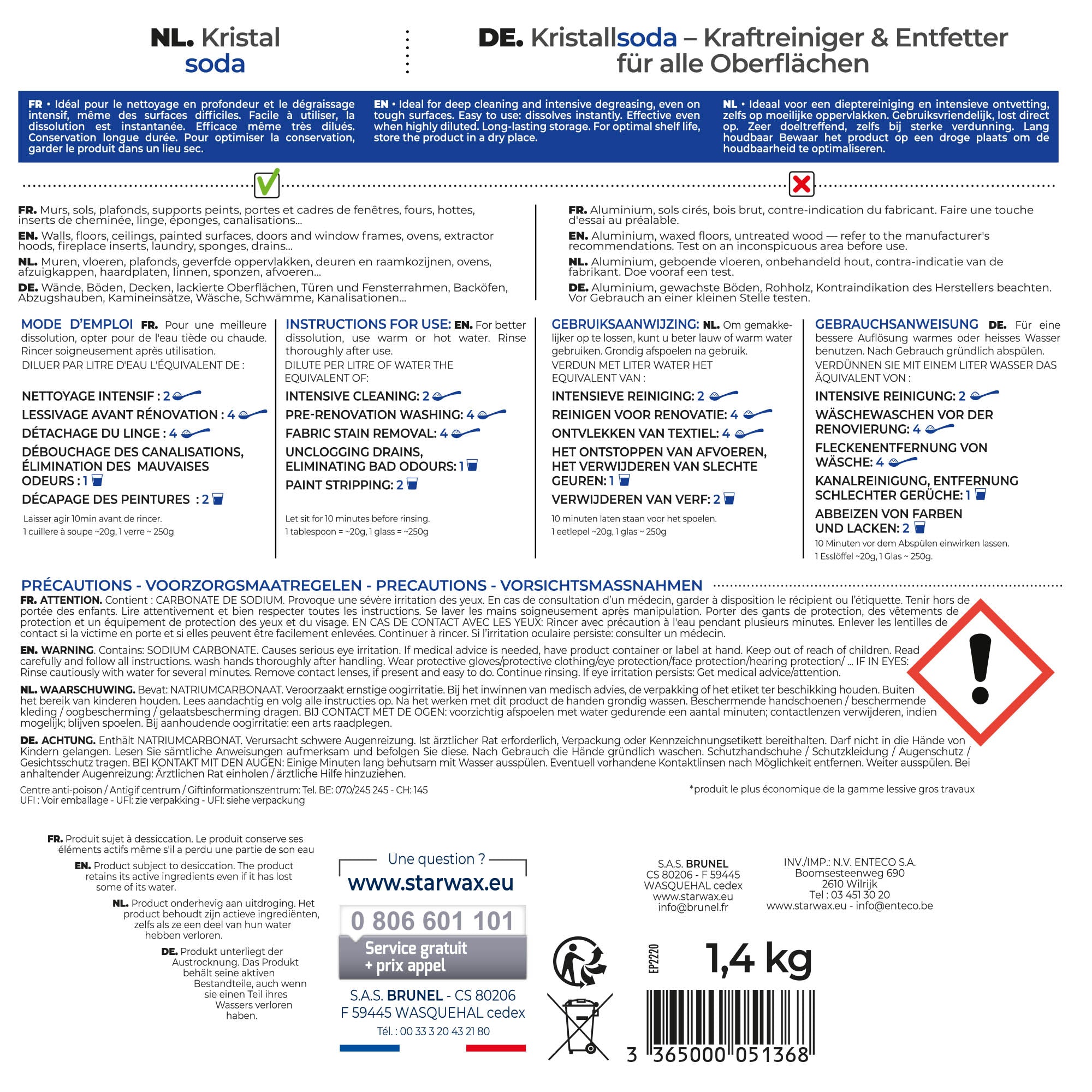 STARWAX - Cristaux de soude gros travaux 1,4kg 1,4kg