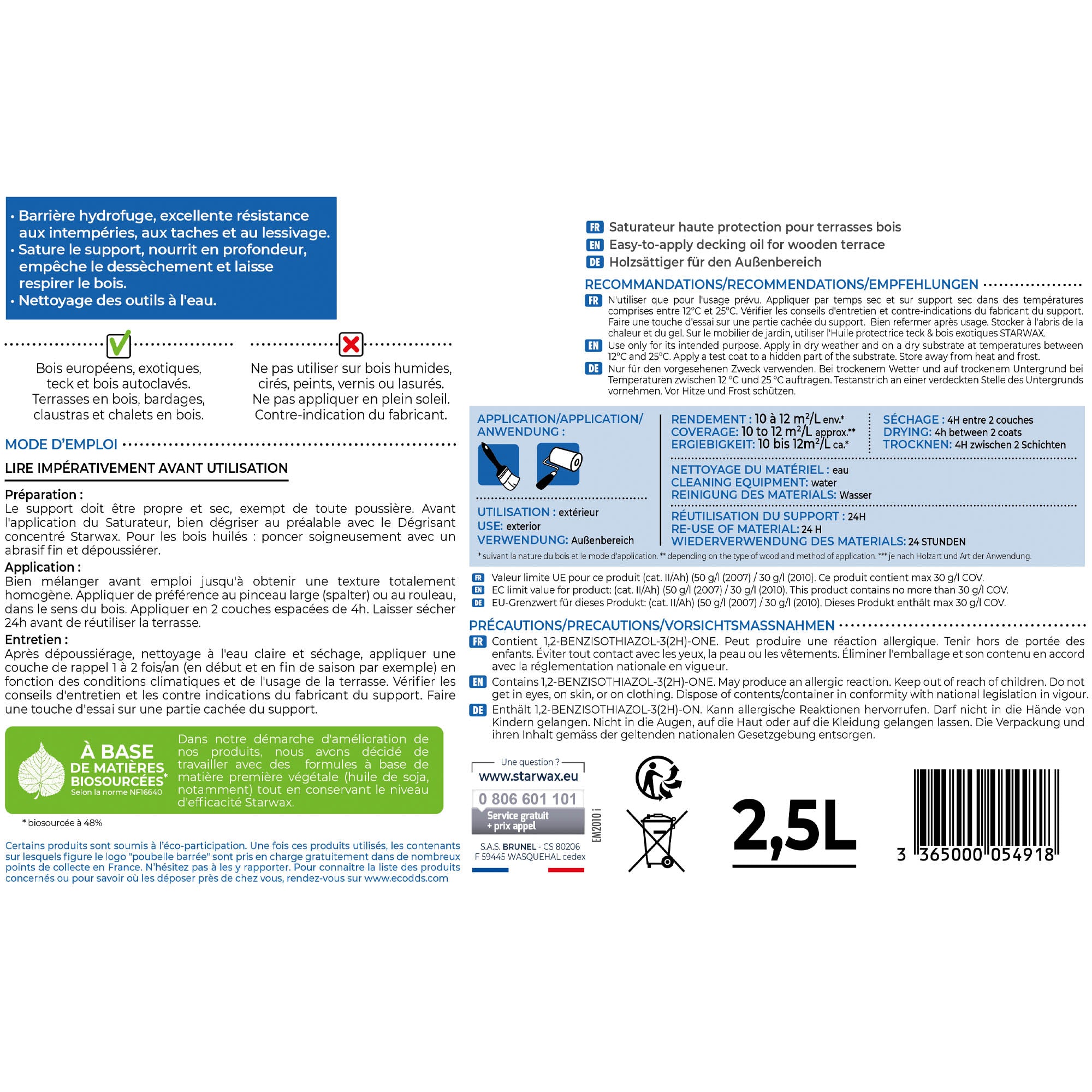 STARWAX - Saturateur Haute protection pour terrasses bois
1L Teck