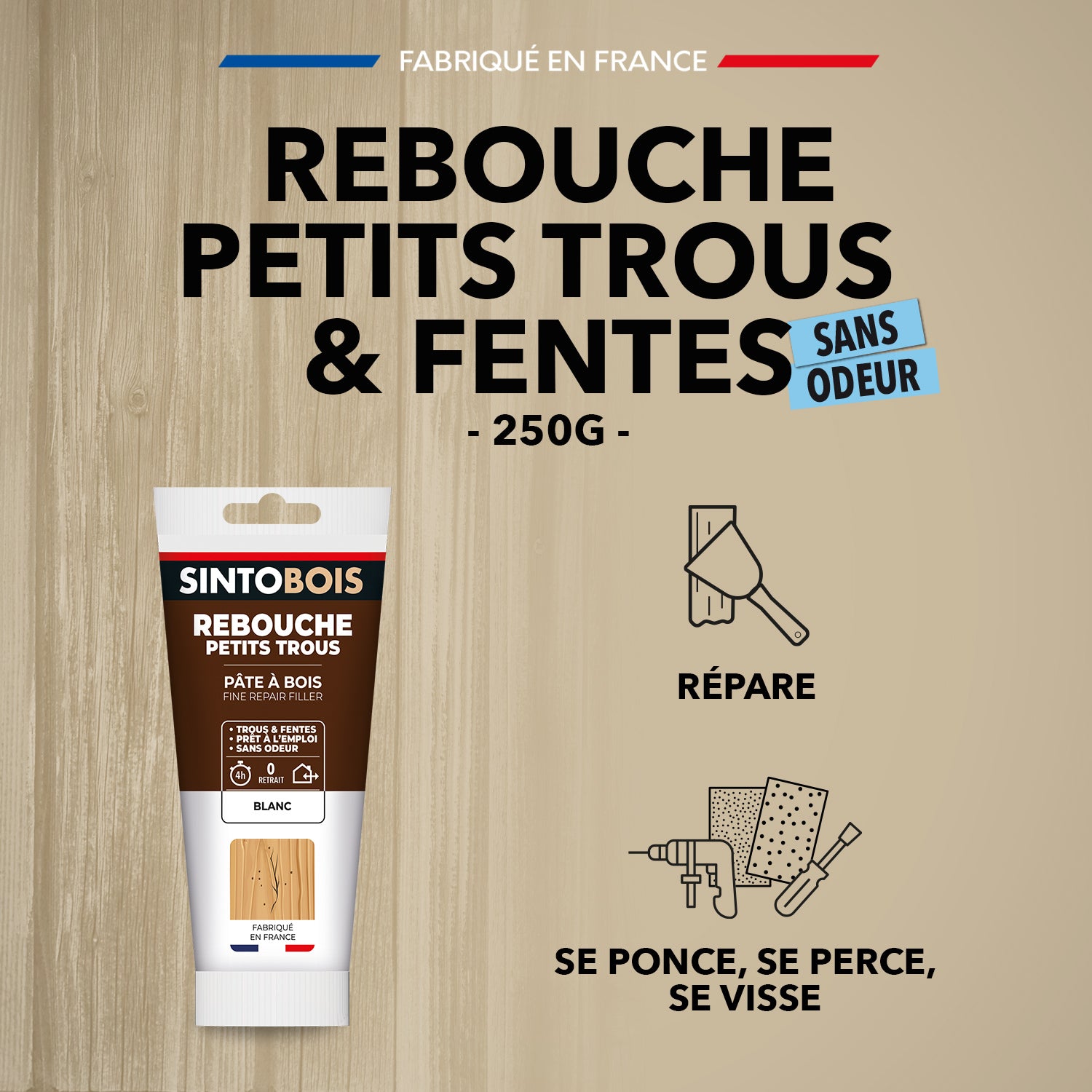 SINTO - Rebouche imperfections - Pâte à bois naturel 80g Blanc