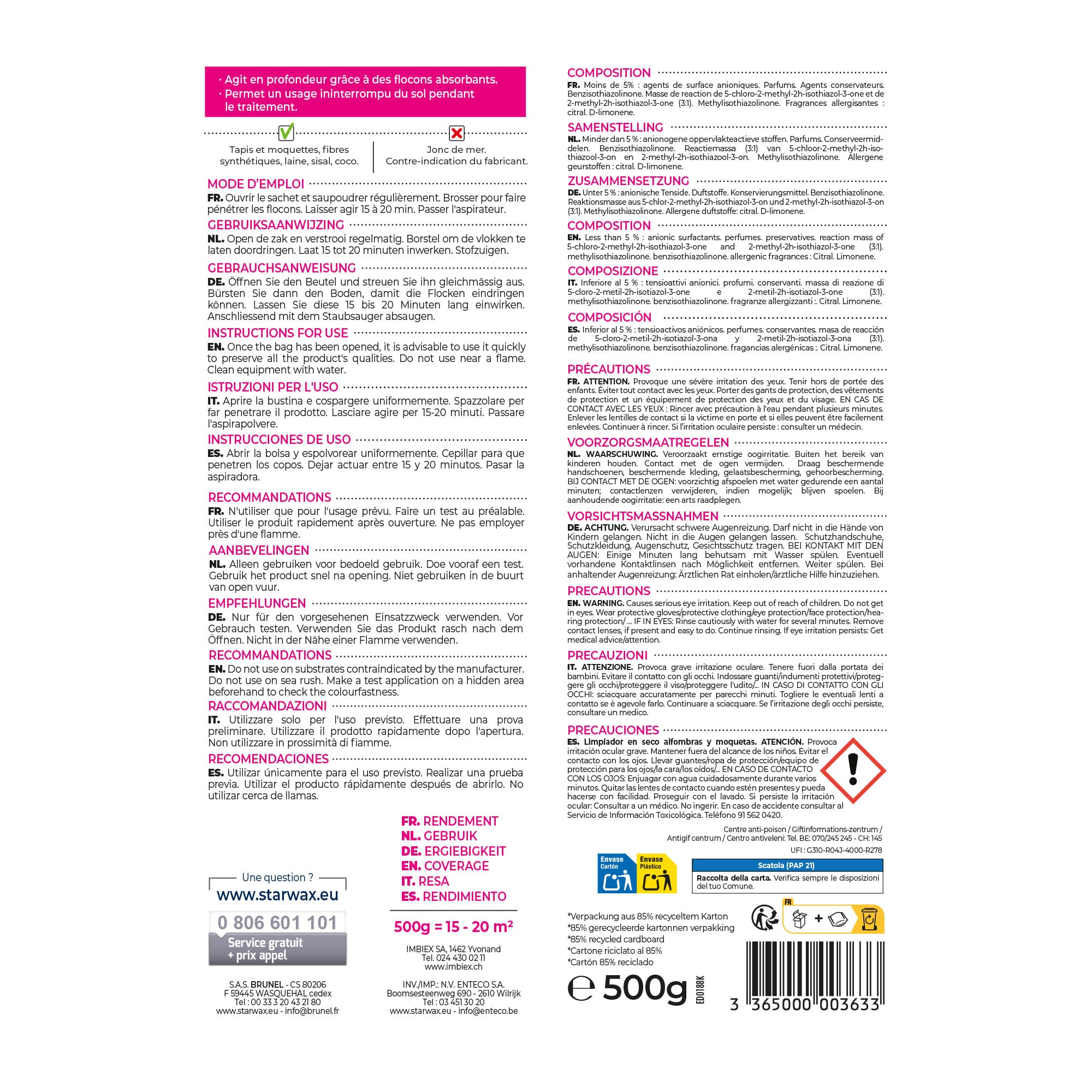 STARWAX - Nettoyant à sec pour tapis et moquettes
500g