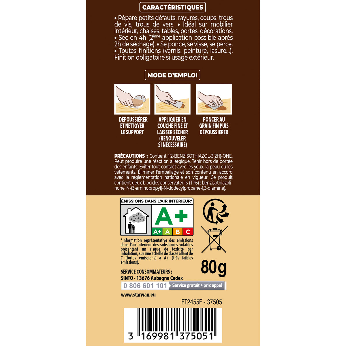 SINTO - Rebouche imperfections - Pâte à bois naturel 80g Blanc