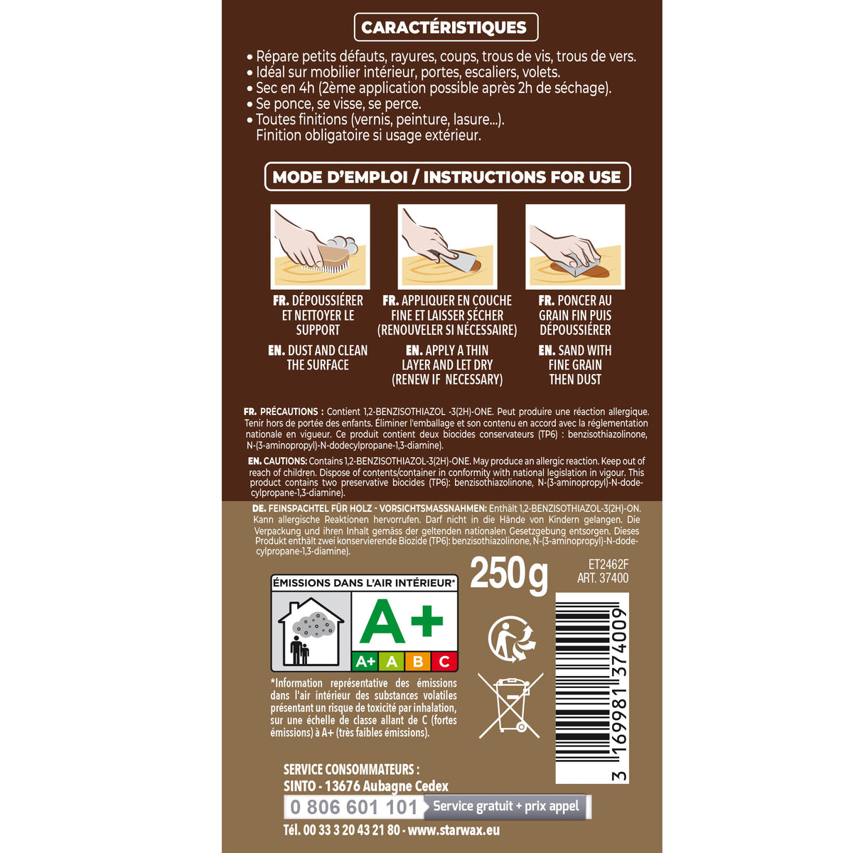 SINTO - Rebouche imperfections - Pâte à bois naturel 80g Blanc