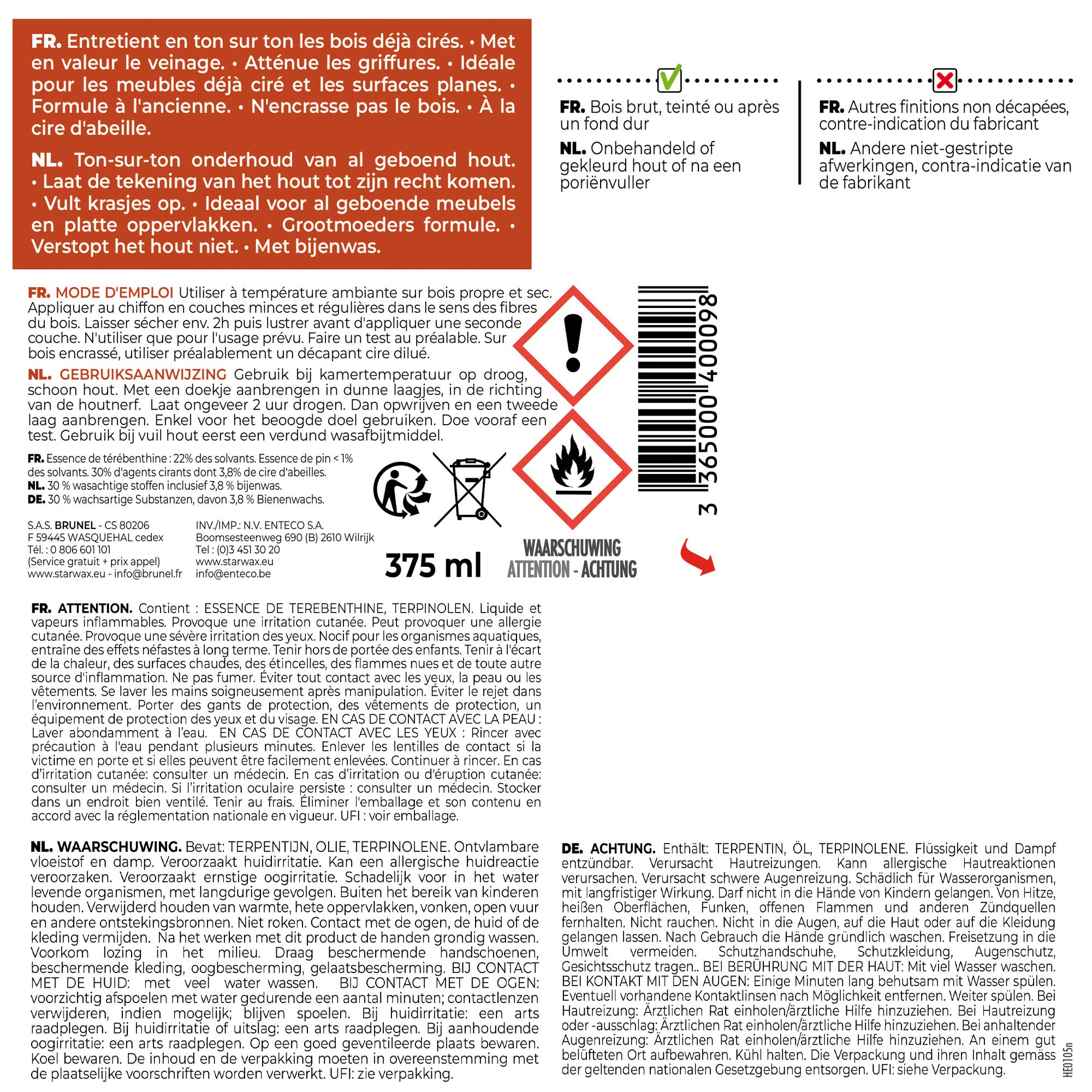 STARWAX - Cire antiquaire pâte pour bois cirés 375ml Incolore