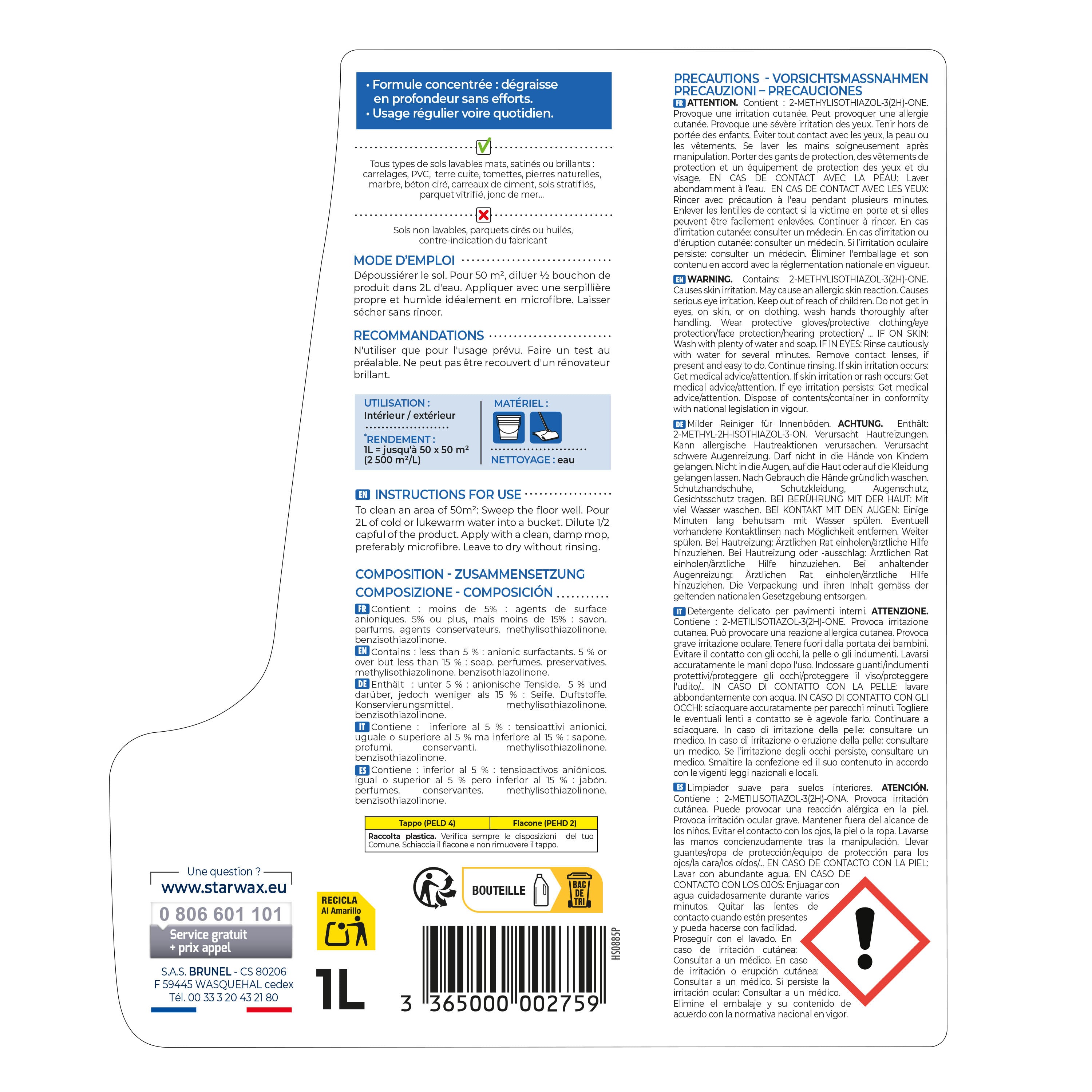 STARWAX - Nettoyant doux pour sols intérieurs 1L