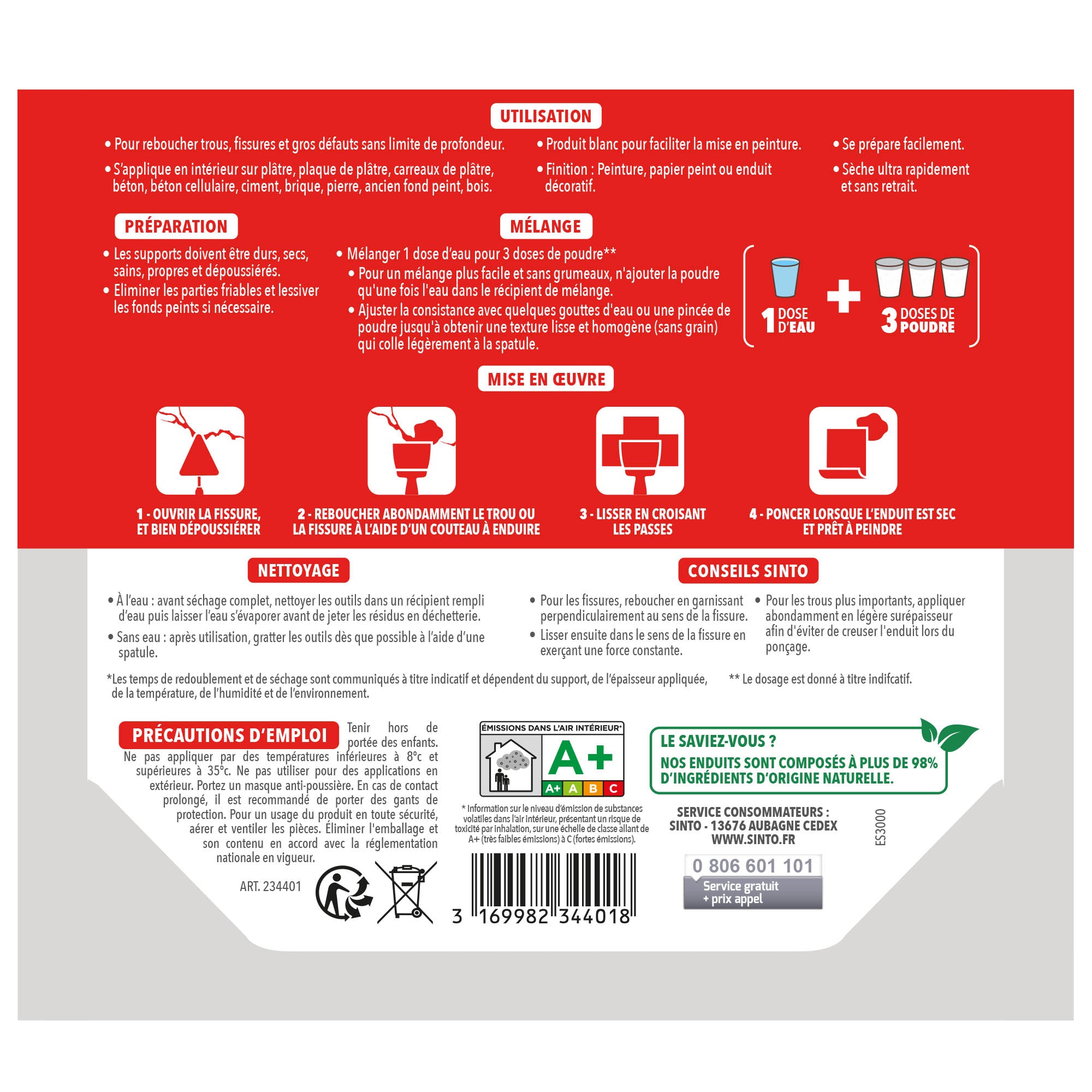 SINTO - Enduit rebouchage poudre 1kg Blanc