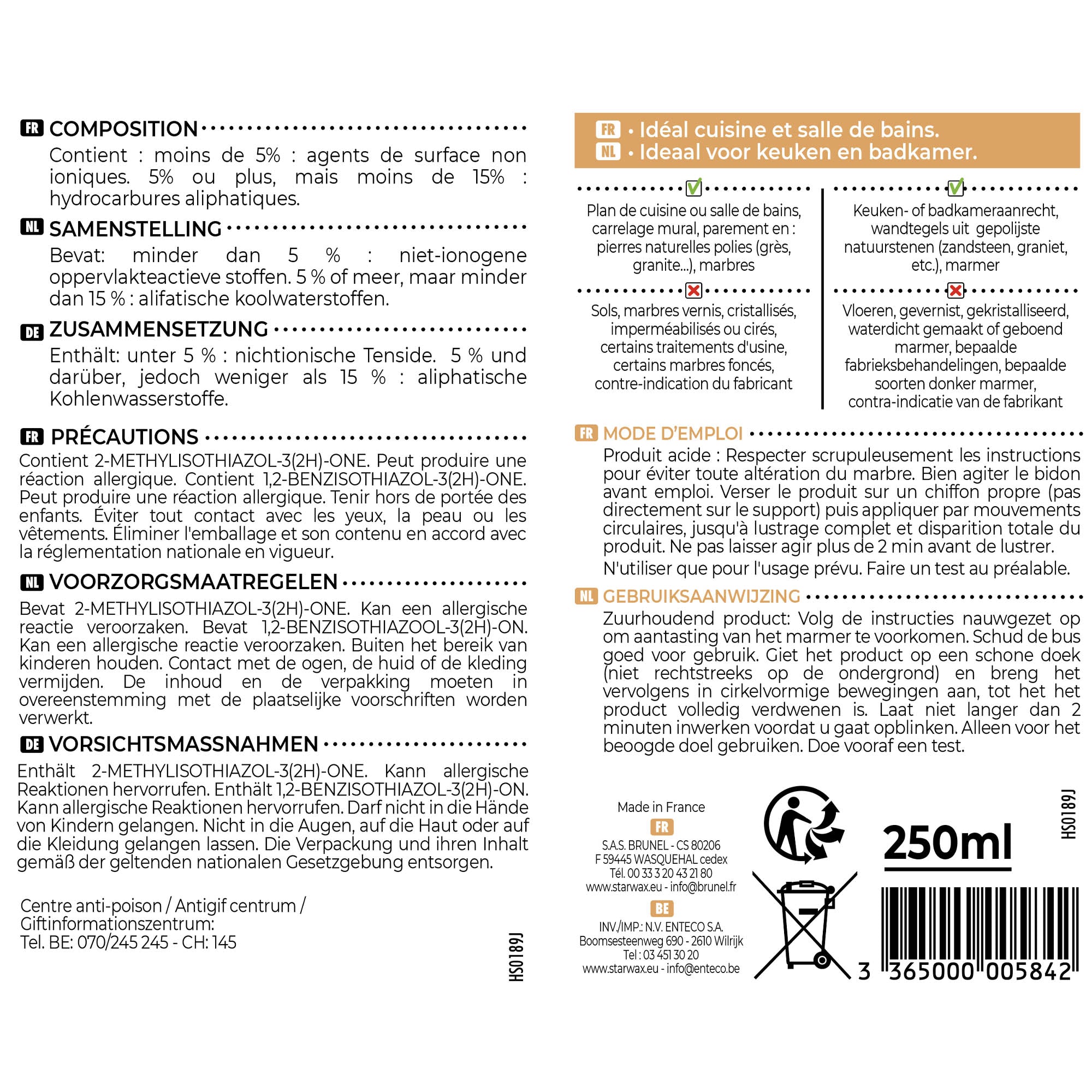 STARWAX - Rénovateur de brillance pour marbre et pierres naturelles 250ml