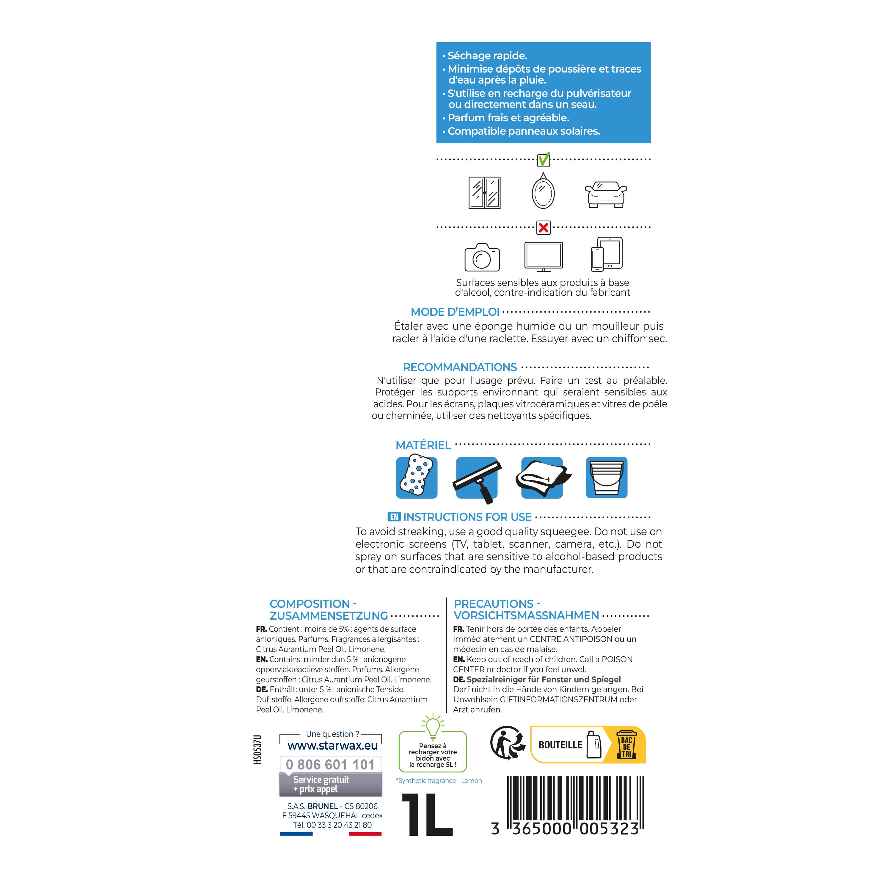 STARWAX - Nettoyant spécial vitres et miroirs
500ml Parfum verveine citron (parfum de synthèse)