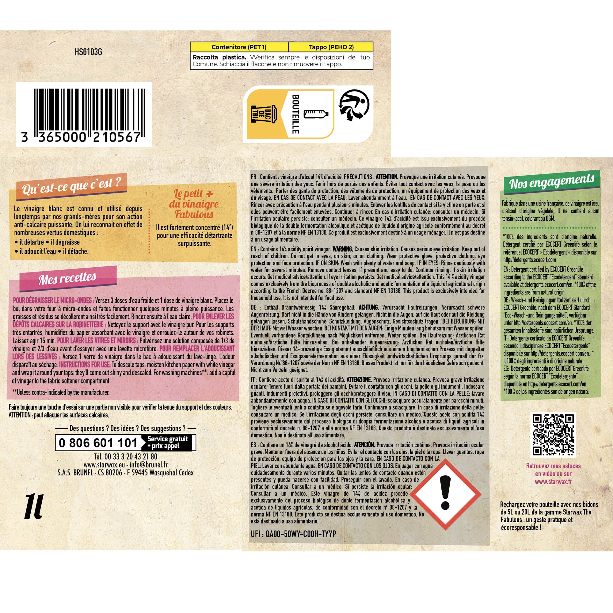 STARWAX FABULOUS - Vinaigre blanc 14° 1L