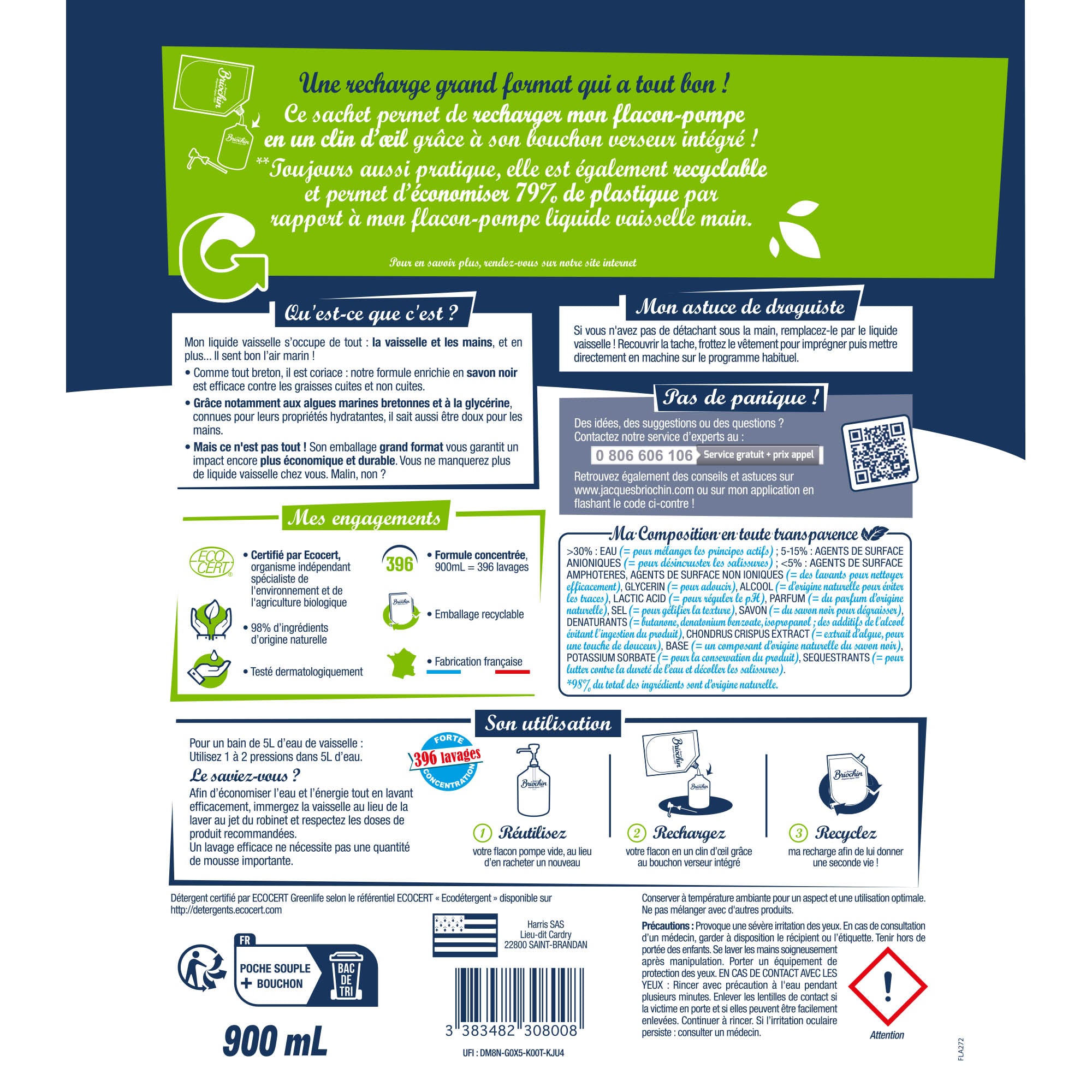 JACQUES BRIOCHIN - Recharge Liquide Vaisselle Mains Savon noir & Algues Marines grand format 900ml Algues Marines