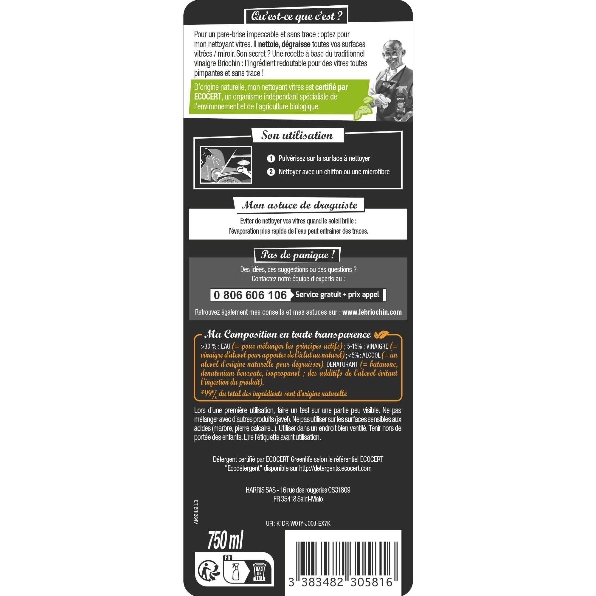 JACQUES BRIOCHIN - Nettoyant vitres au vinaigre 750ml